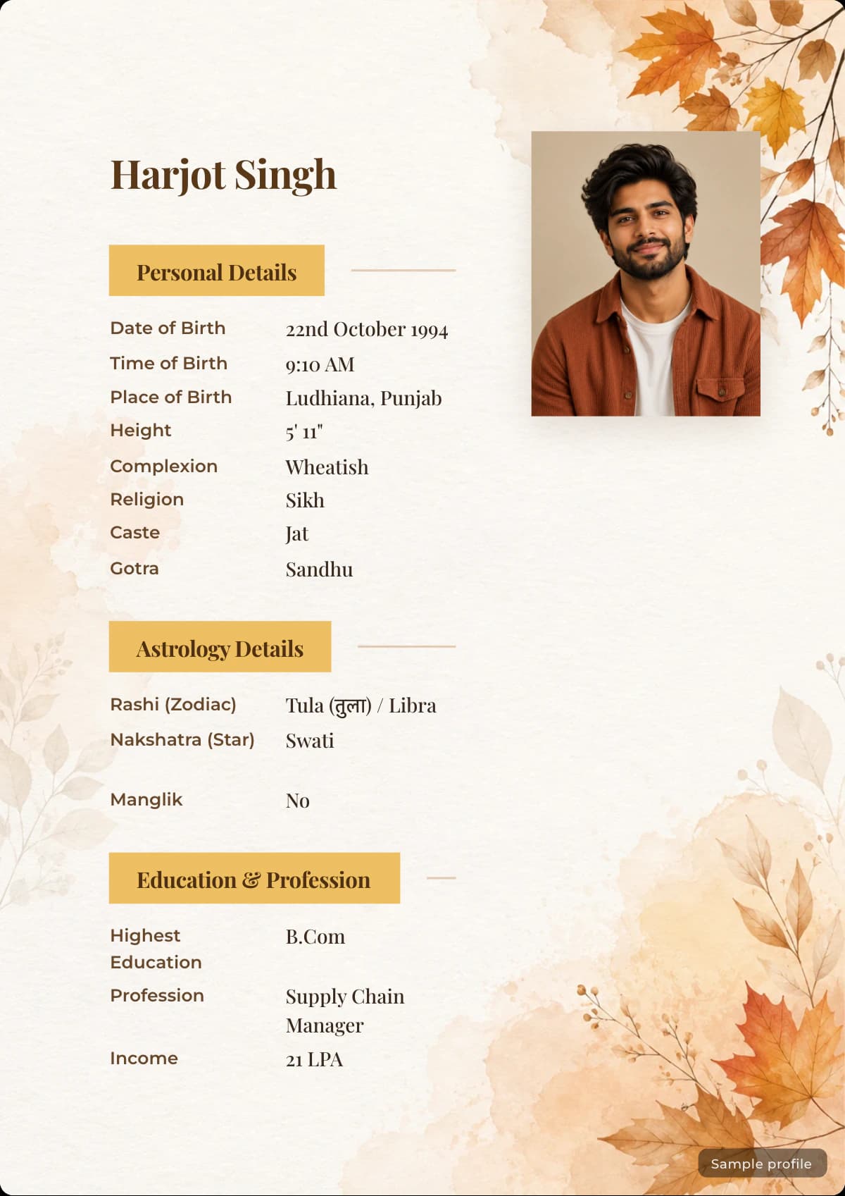 Autumn Leaf marriage biodata template with a sample profile