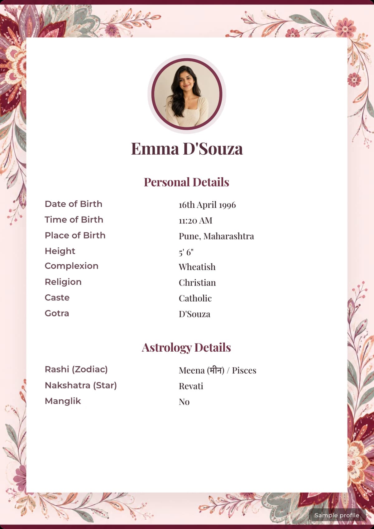 Blush Botanical marriage biodata template with a sample profile