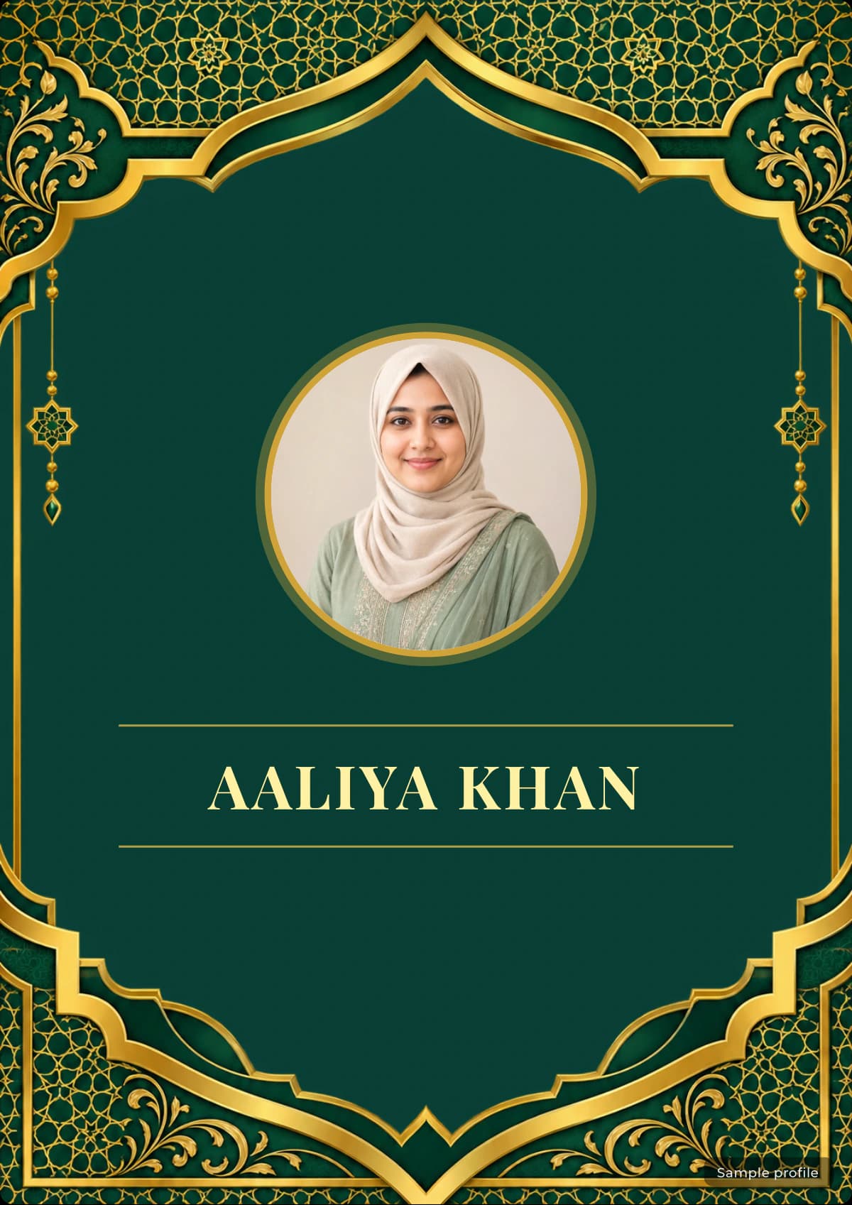 Emerald Mehrab Muslim biodata template with a sample profile