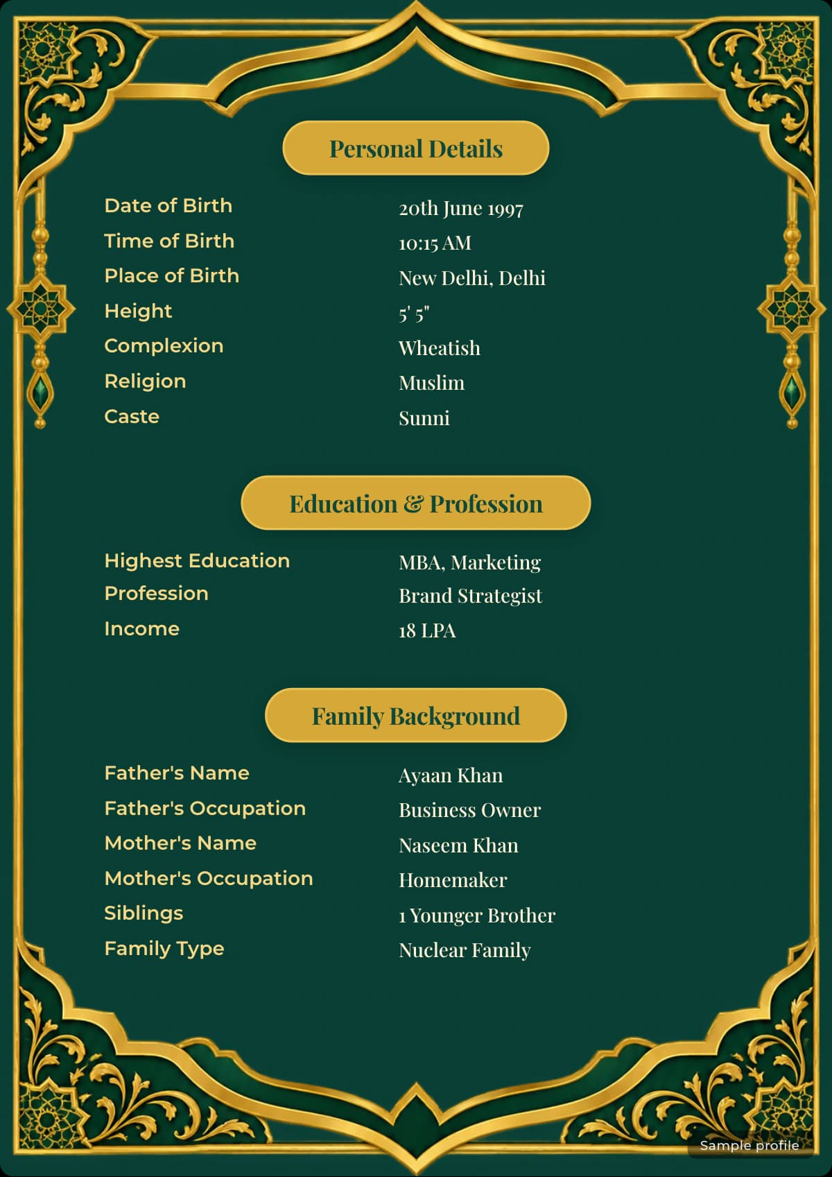 Emerald Mehrab Muslim biodata template with a sample profile first details page