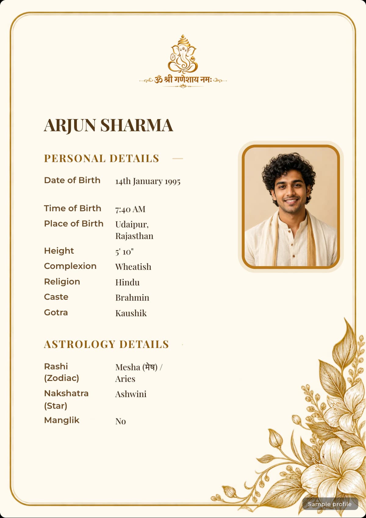 Ganesh Golden Bloom Hindu biodata template with a sample profile