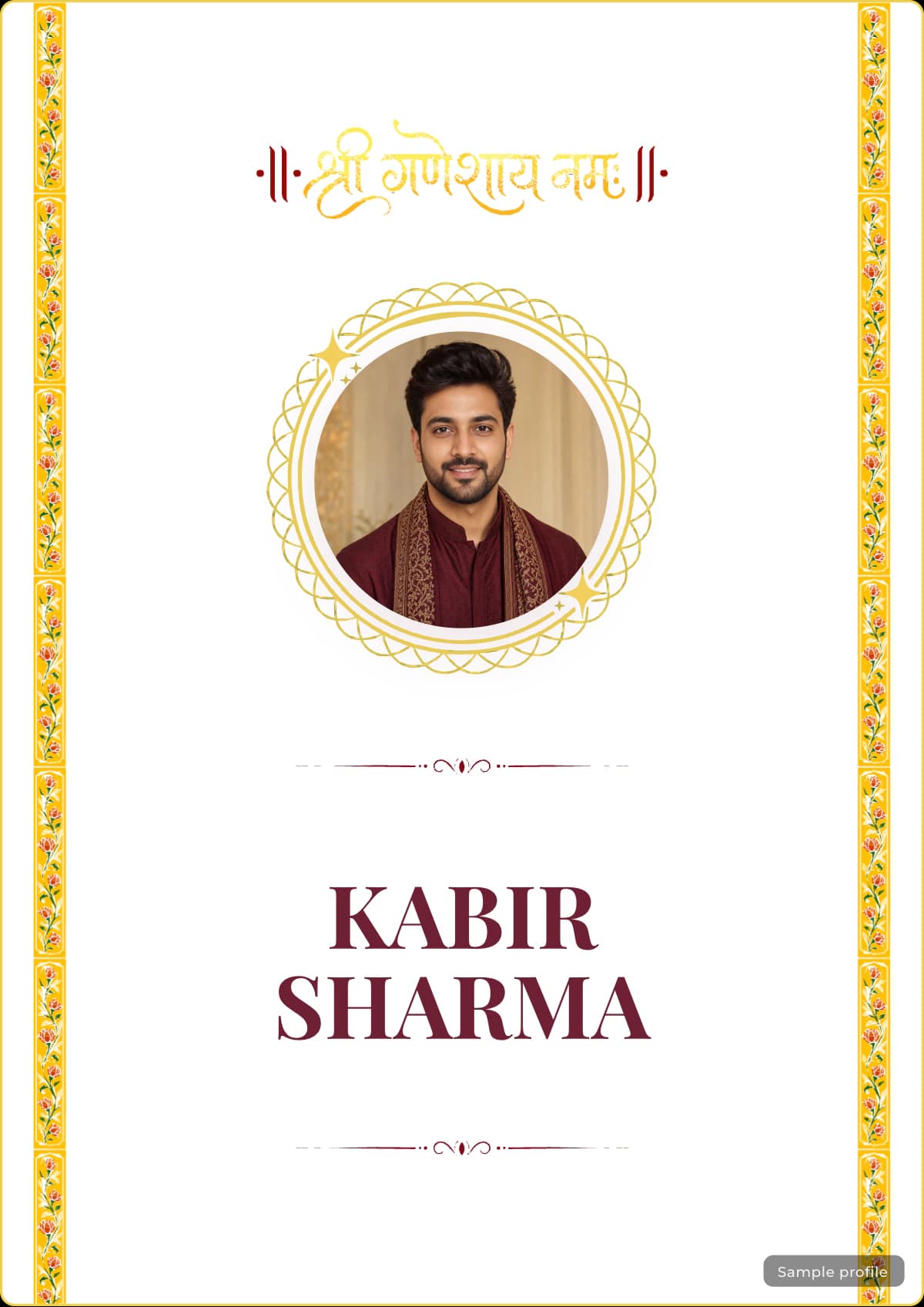 Ganesha Floral Hindu marriage biodata template with a sample profile