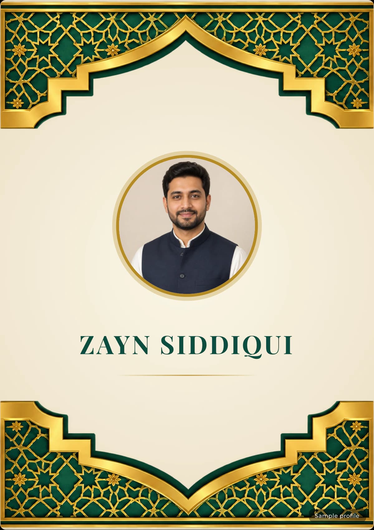 Golden Arch Muslim biodata template with a sample profile
