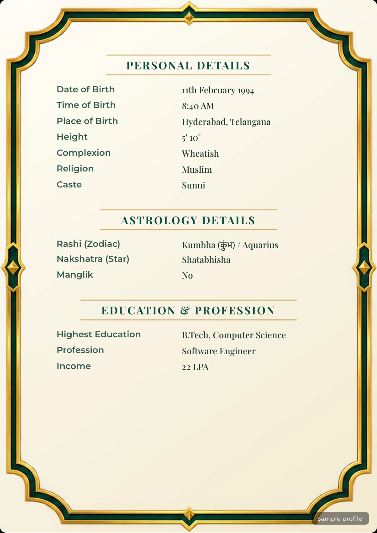 Golden Arch Muslim biodata template with a sample profile first details page