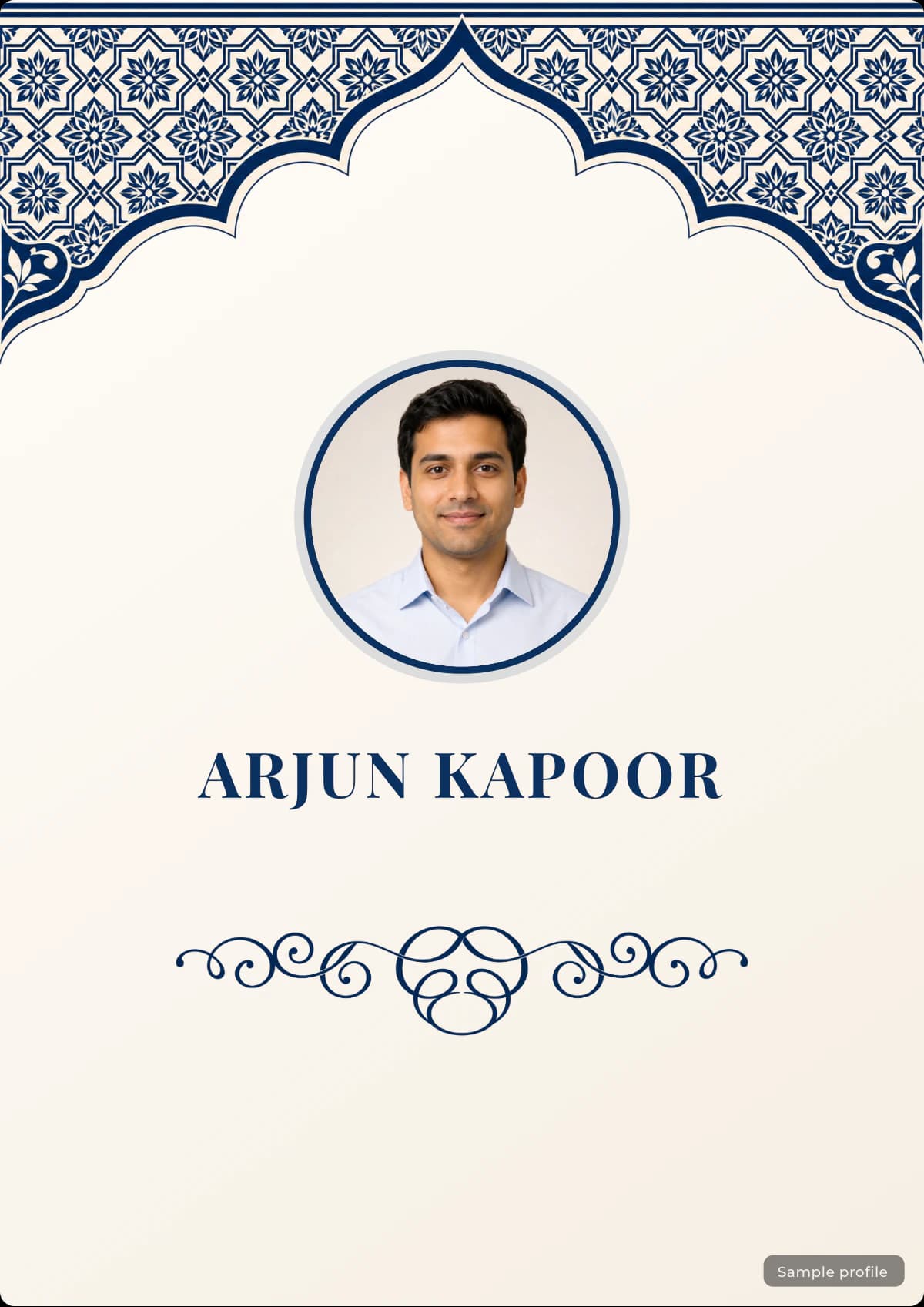Indigo Mosaic marriage biodata template with a sample profile