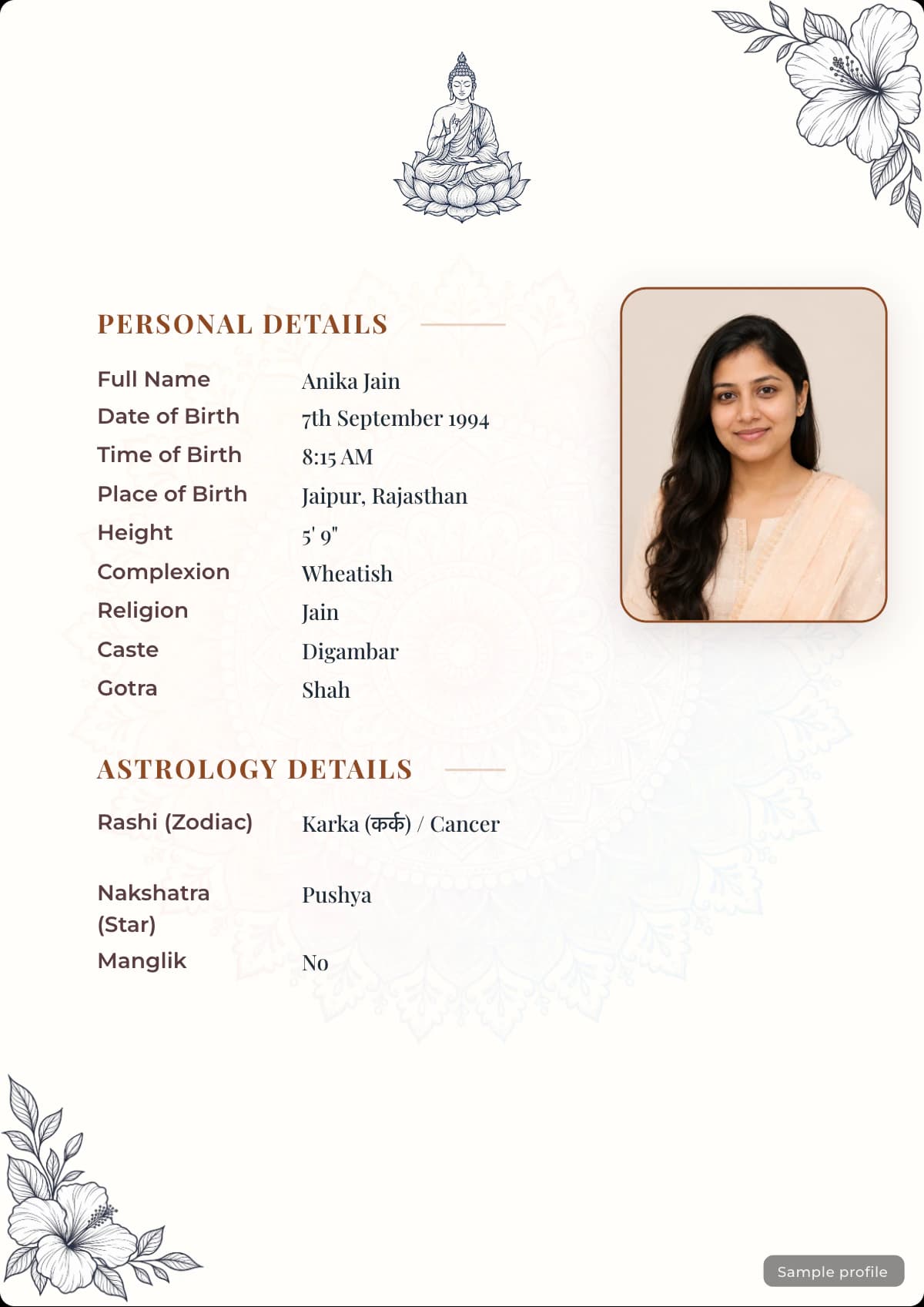Jain Lotus Mandala biodata template with a sample profile
