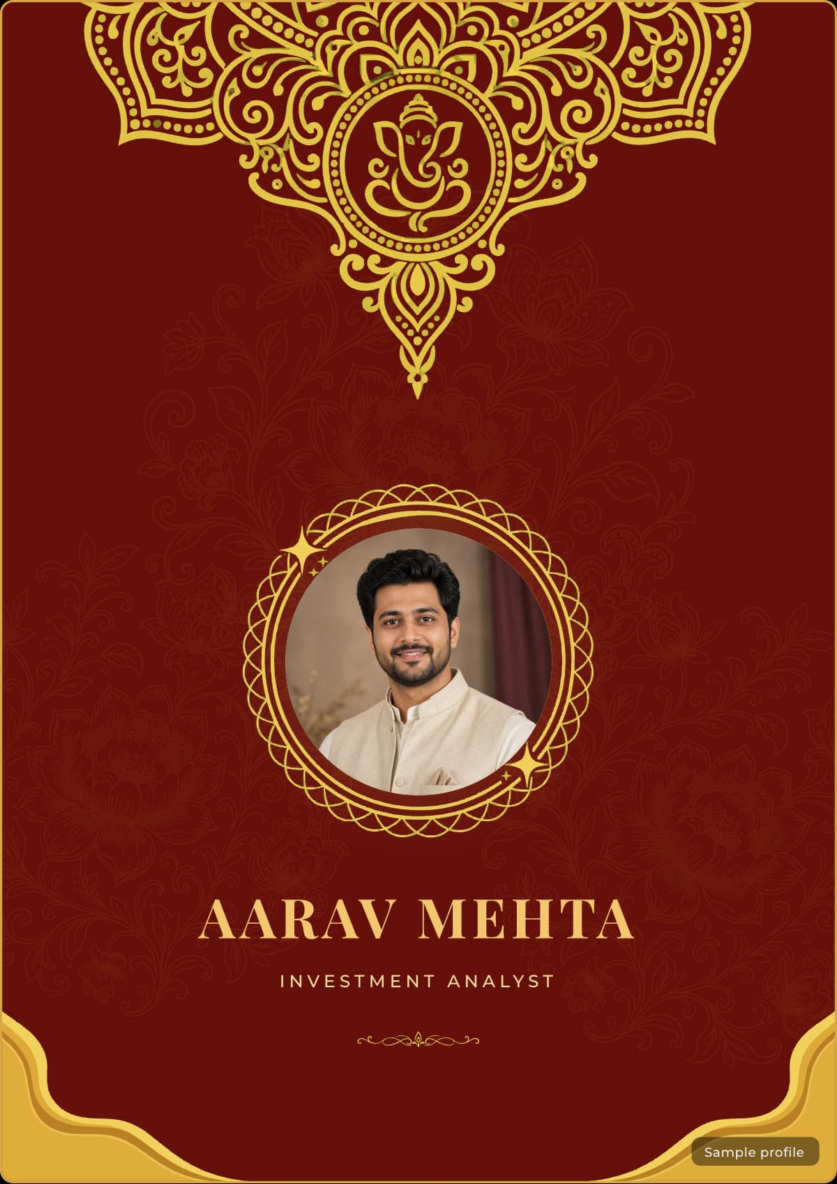 Mandala Heritage Hindu marriage biodata template with a sample profile