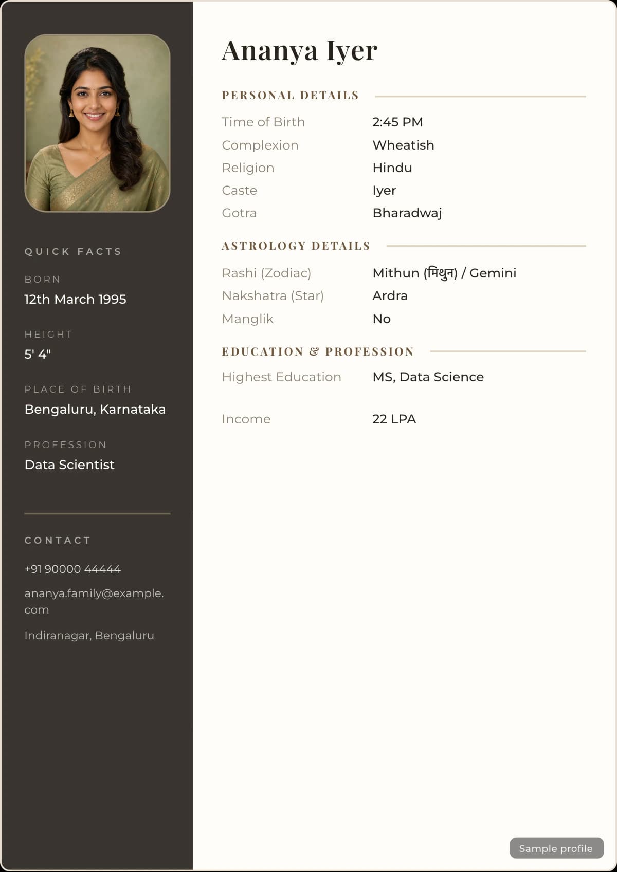 Modern Split marriage biodata template with a sample profile