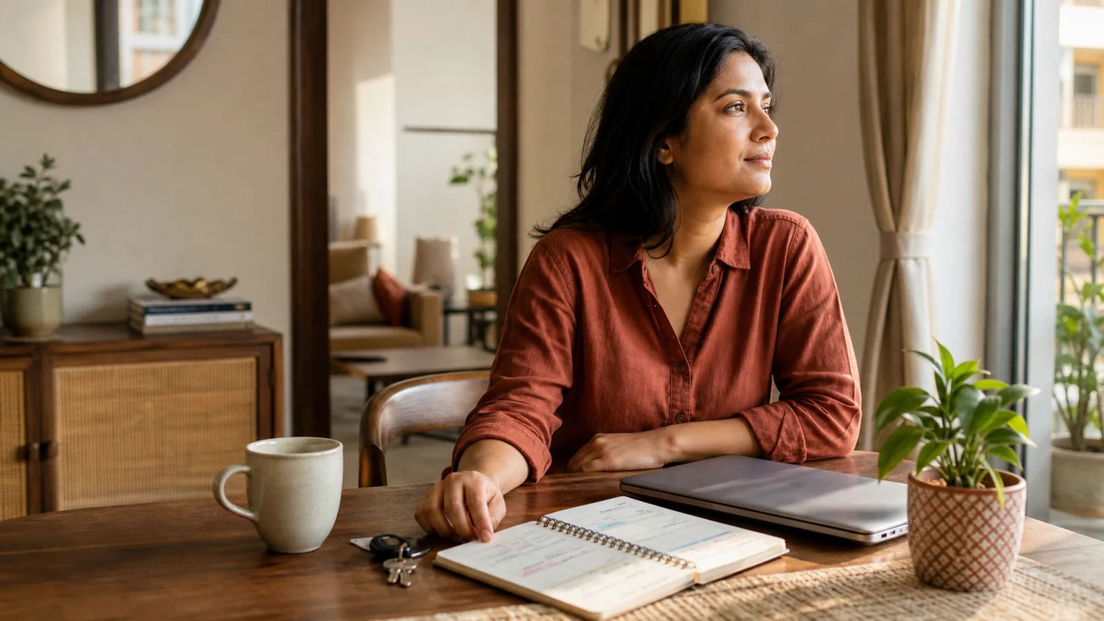 Indian adult pausing at home with everyday work and home objects while reflecting on a future decision