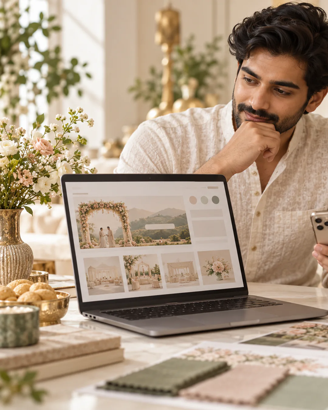 Indian couple comparing wedding website options on a laptop and phone