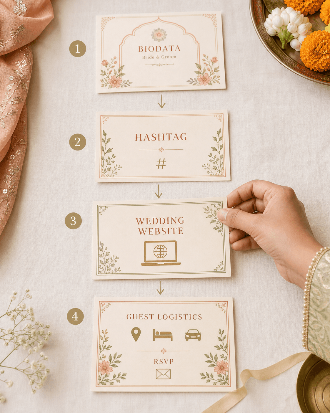 Editorial Indian wedding planning checklist board with biodata, hashtag, website, and guest communication steps