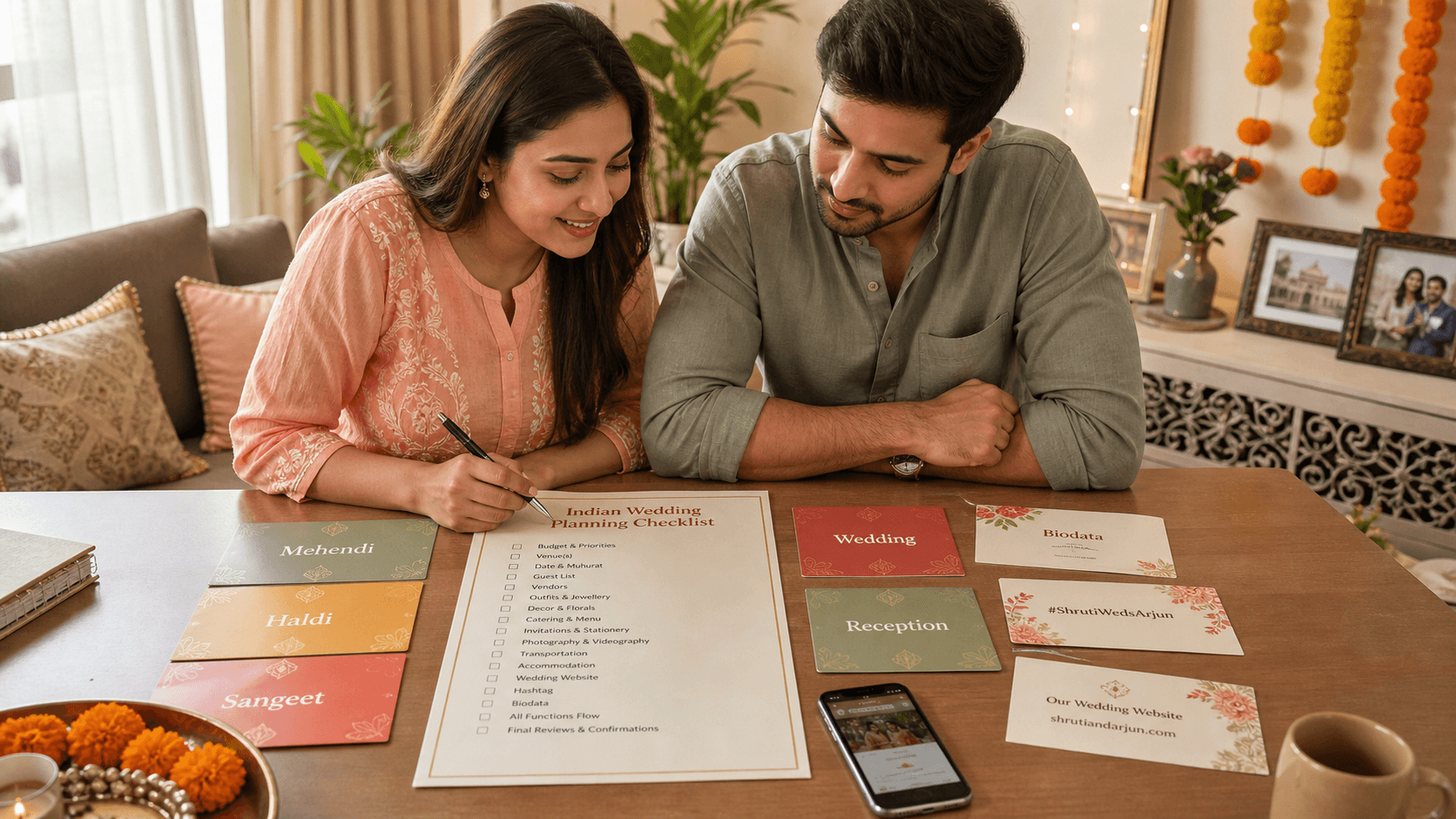 Editorial Indian wedding planning checklist board showing biodata, hashtag, website, and guest communication tasks