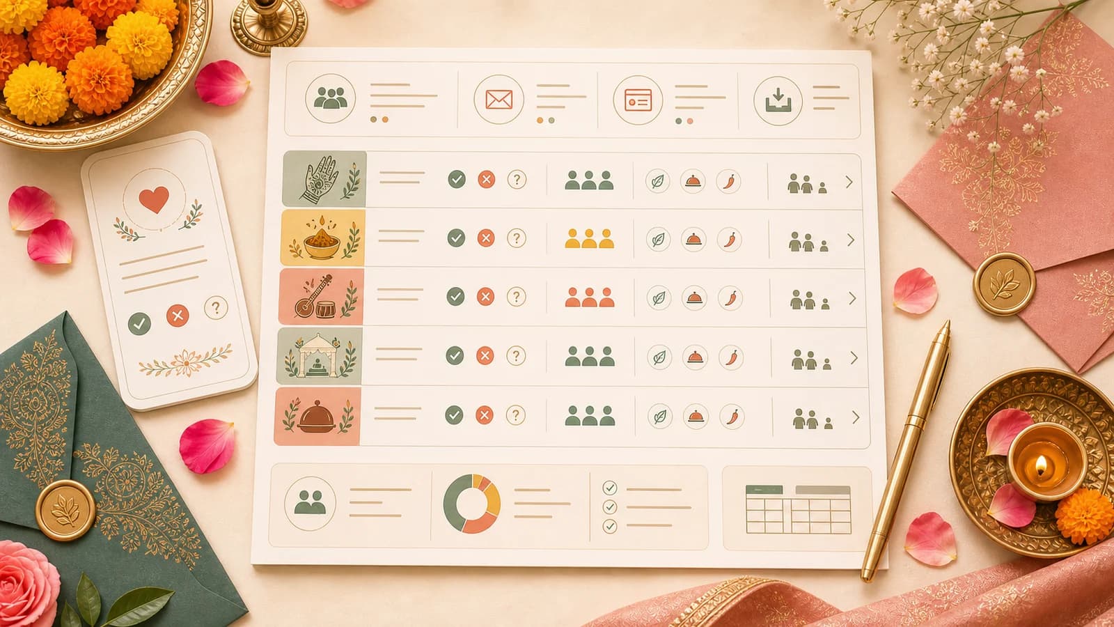 Editorial dashboard illustration for Indian wedding RSVP across Mehendi, Haldi, Sangeet, wedding, and reception