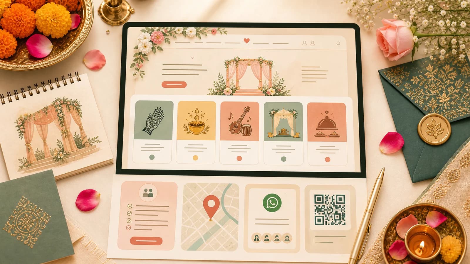 Editorial Indian wedding website planning board with Mehendi, Haldi, Sangeet, wedding, reception, RSVP, maps, and WhatsApp sharing