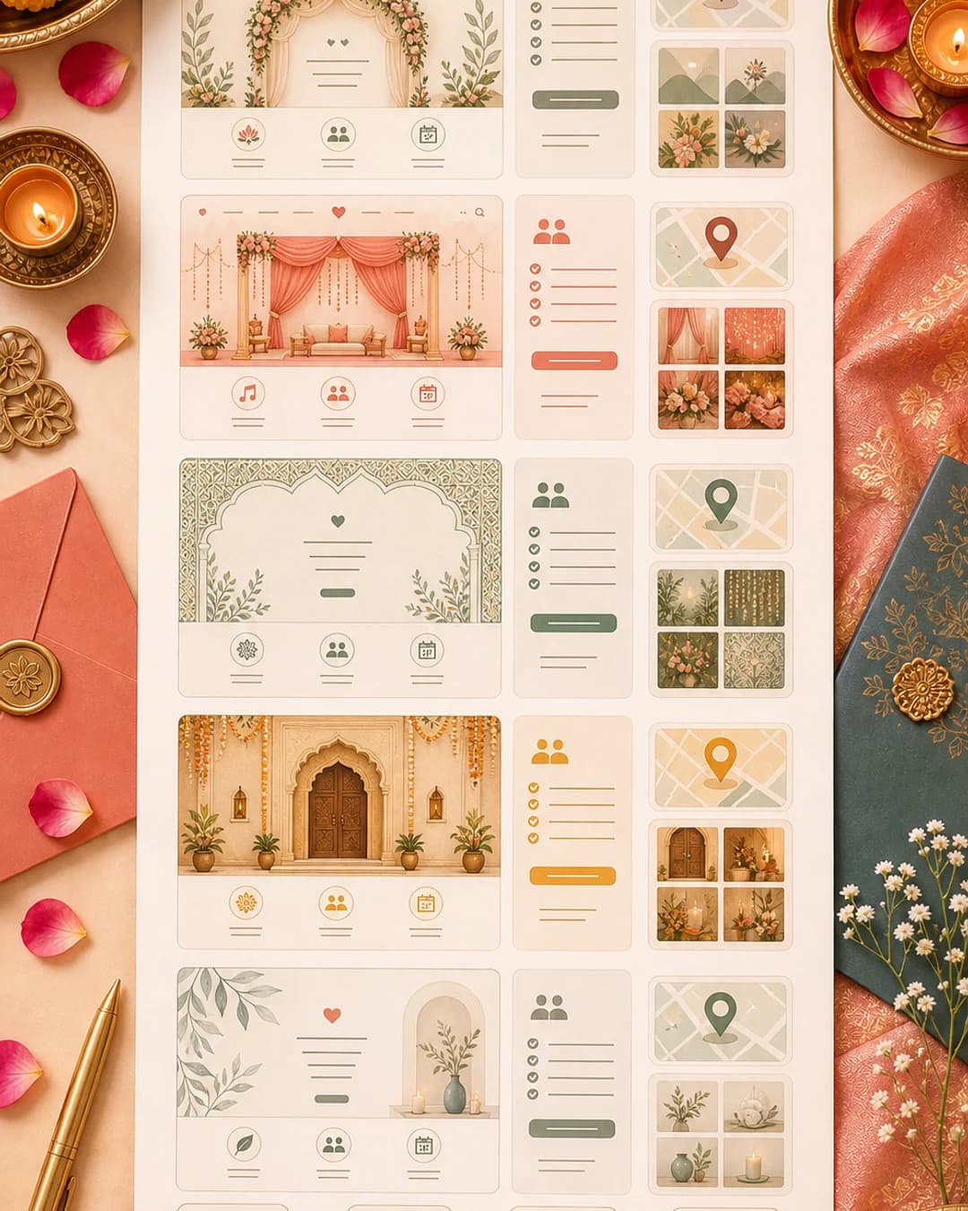 Editorial visual showing Indian wedding website templates for Hindu, Muslim, Sikh, Christian, and Jain wedding styles