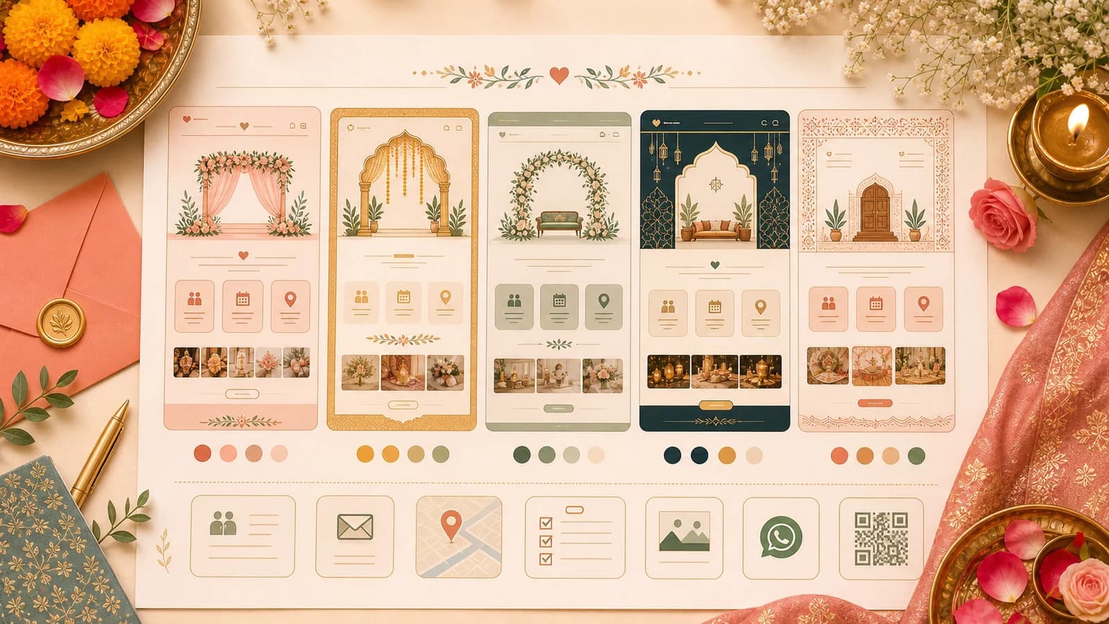 Editorial template board showing Indian wedding website styles for Hindu, Muslim, Sikh, Christian, and Jain weddings