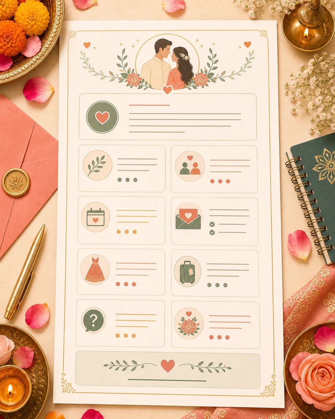 Editorial visual showing wedding website wording examples for Indian couples including welcome text, RSVP, dress code, travel, and FAQ