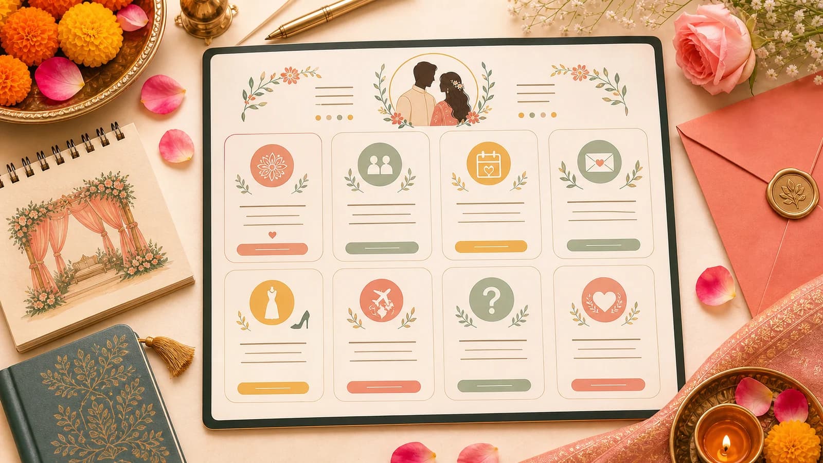 Editorial writing desk visual with Indian wedding website wording examples for welcome message, RSVP, dress code, travel, and FAQ