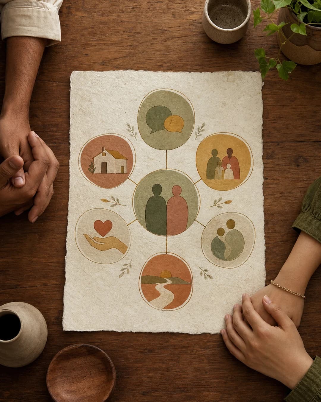 Indian couple in a calm conversation over a handmade paper map of shared relationship topics