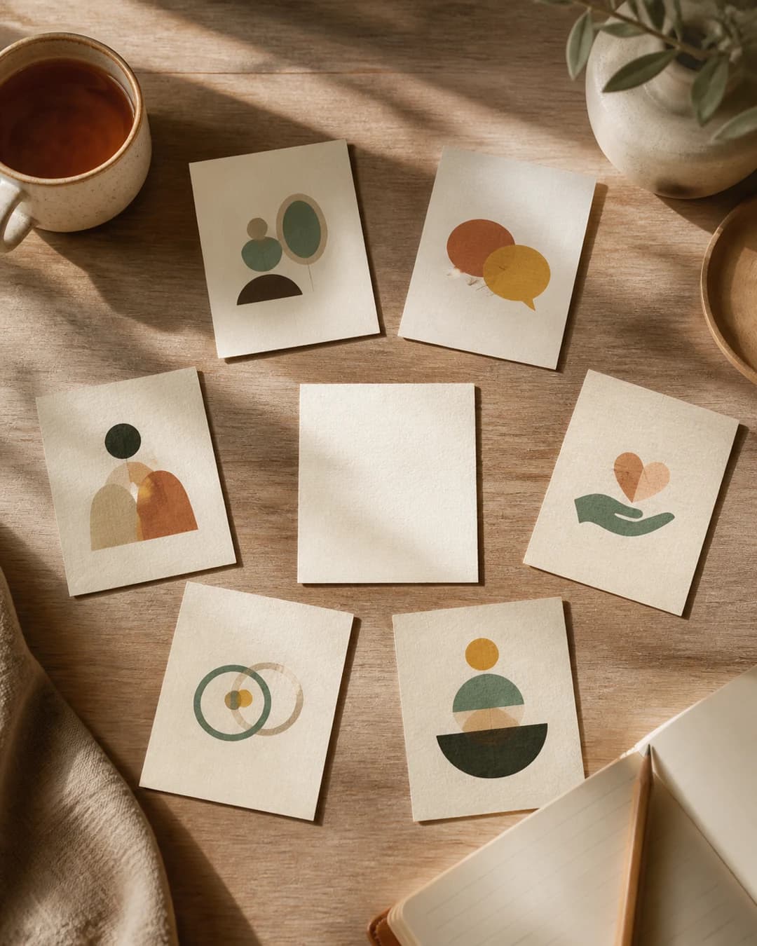 Indian adult completing a private reflection with six handmade cards arranged on a desk
