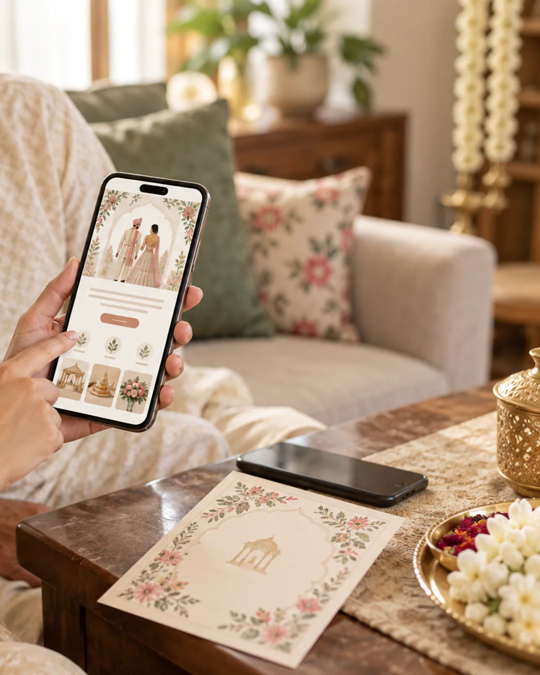 Person checking a wedding invitation link on a phone beside a printed card