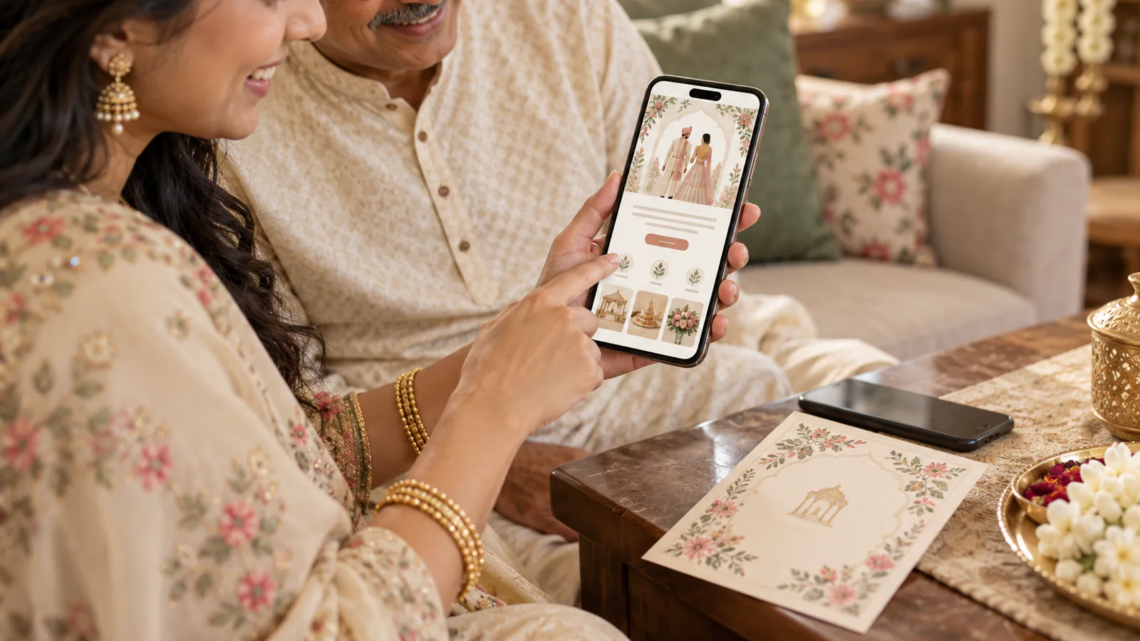 Person checking a wedding invitation link on a phone beside a printed card
