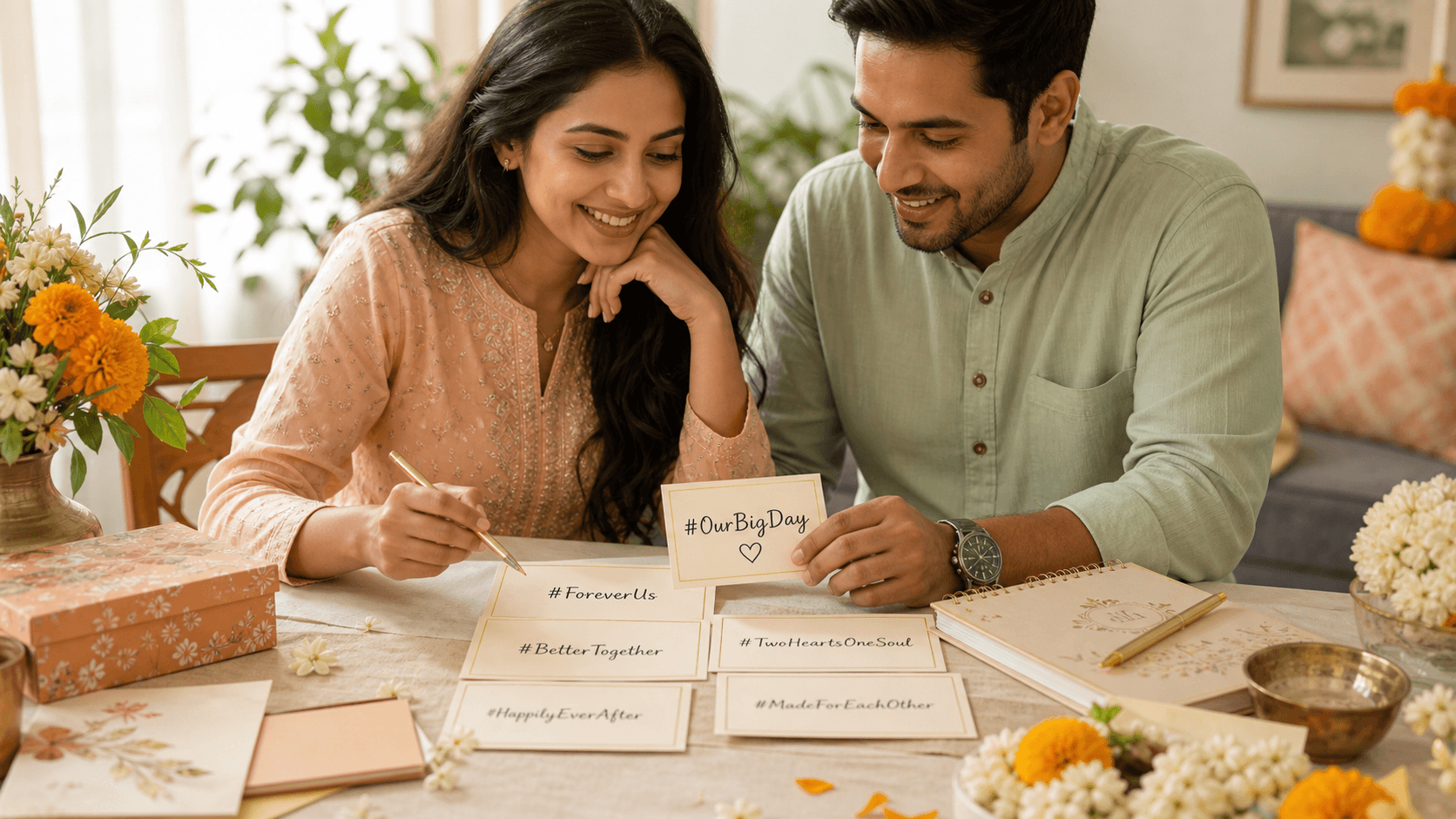 Editorial shortlist board comparing short memorable wedding hashtags with longer cluttered options