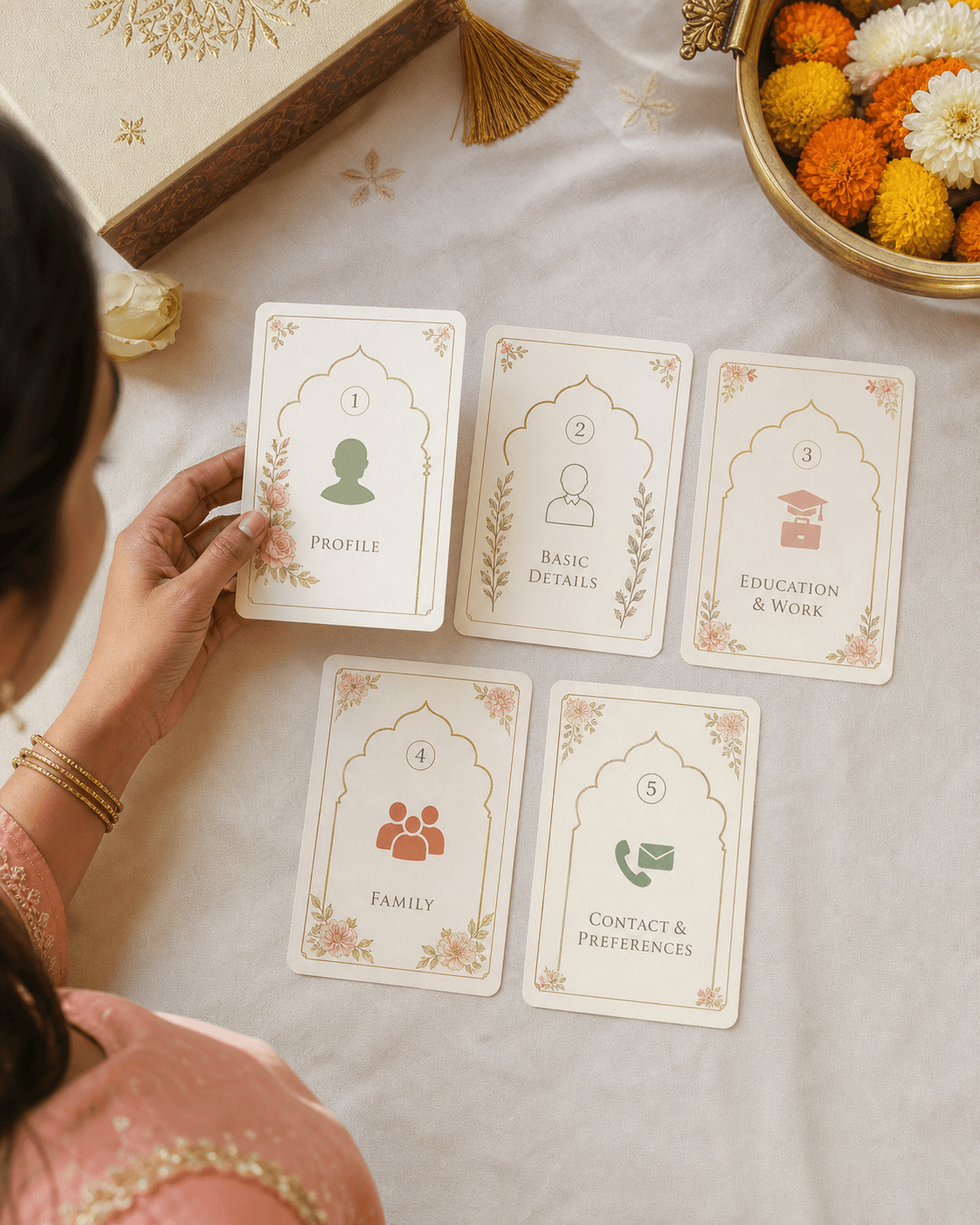 Editorial simple marriage biodata sheet with clean section hierarchy and minimal warm wedding palette