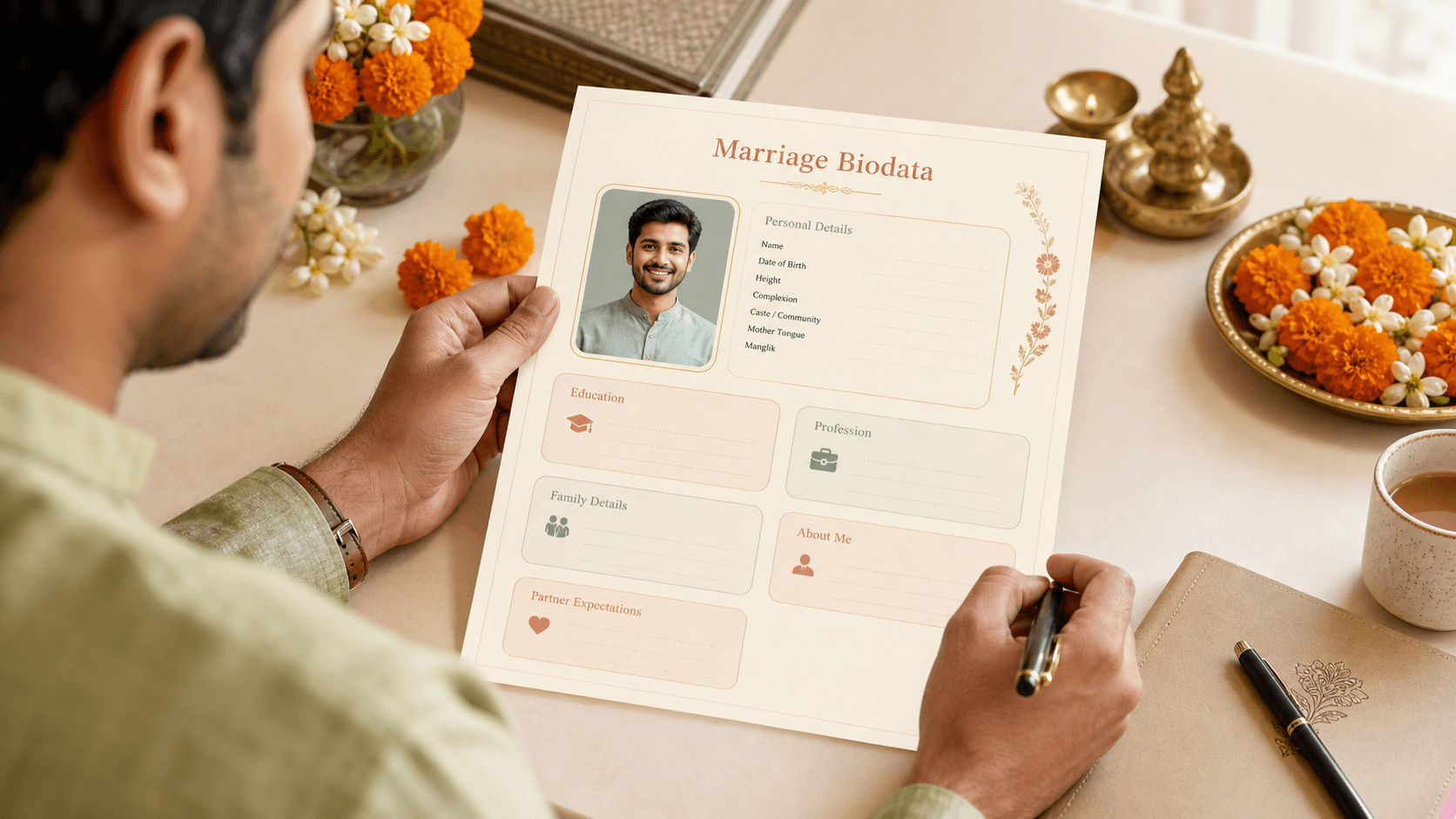 Editorial simple marriage biodata layout with clean sections and warm Indian wedding accents