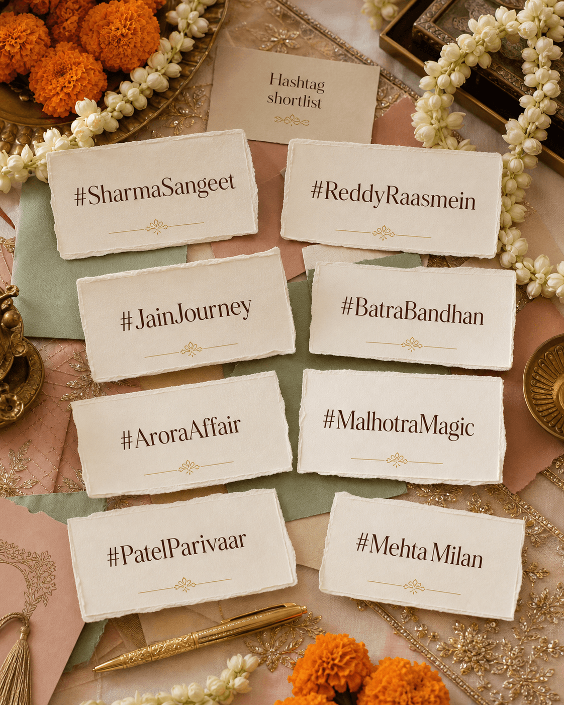 Editorial wedding hashtag naming board showing surname-led hashtag directions for Indian couples
