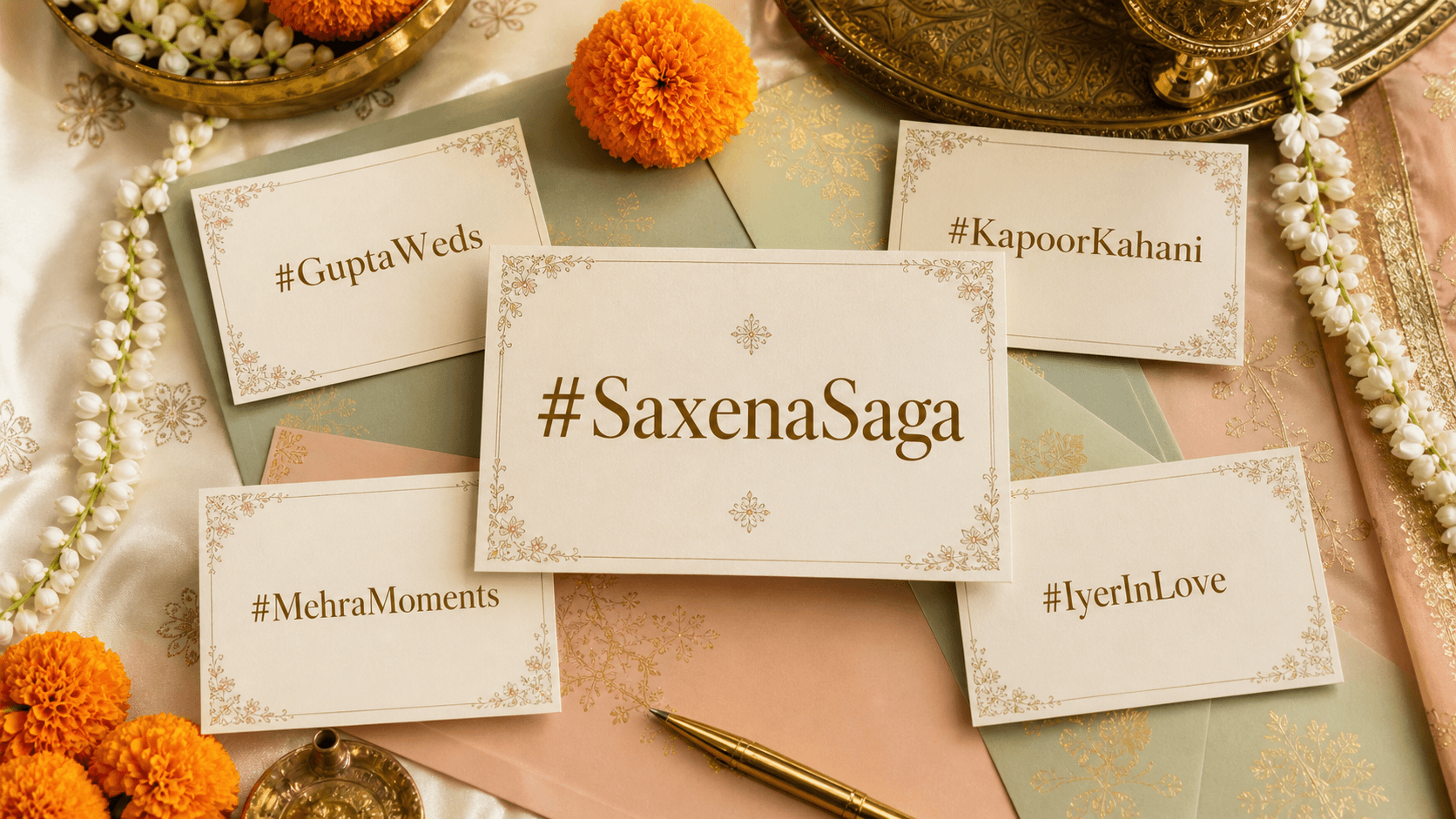 Editorial surname-led wedding hashtag naming board for Indian couples