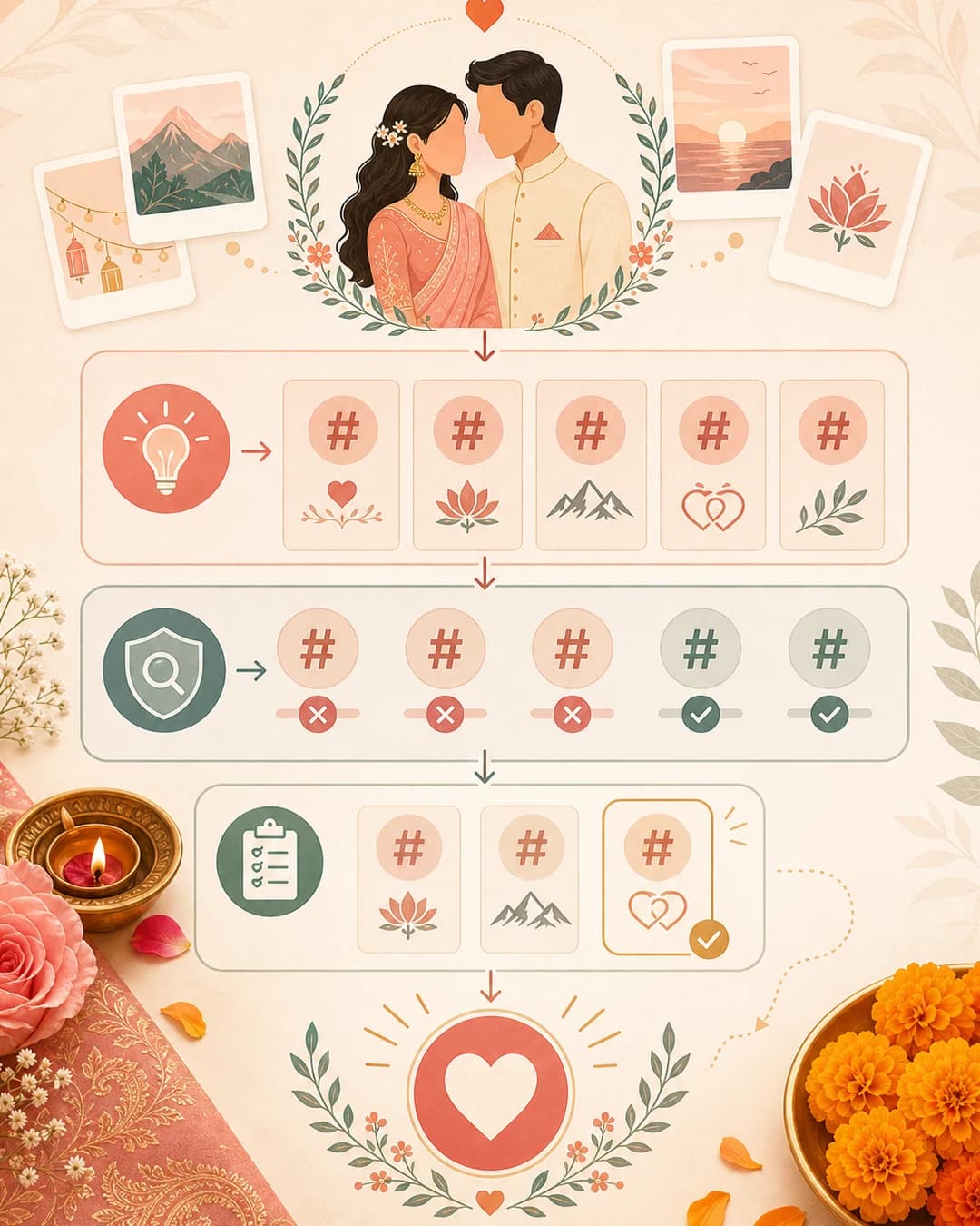 Editorial process visual showing wedding hashtag brainstorming, filtering, and final selection