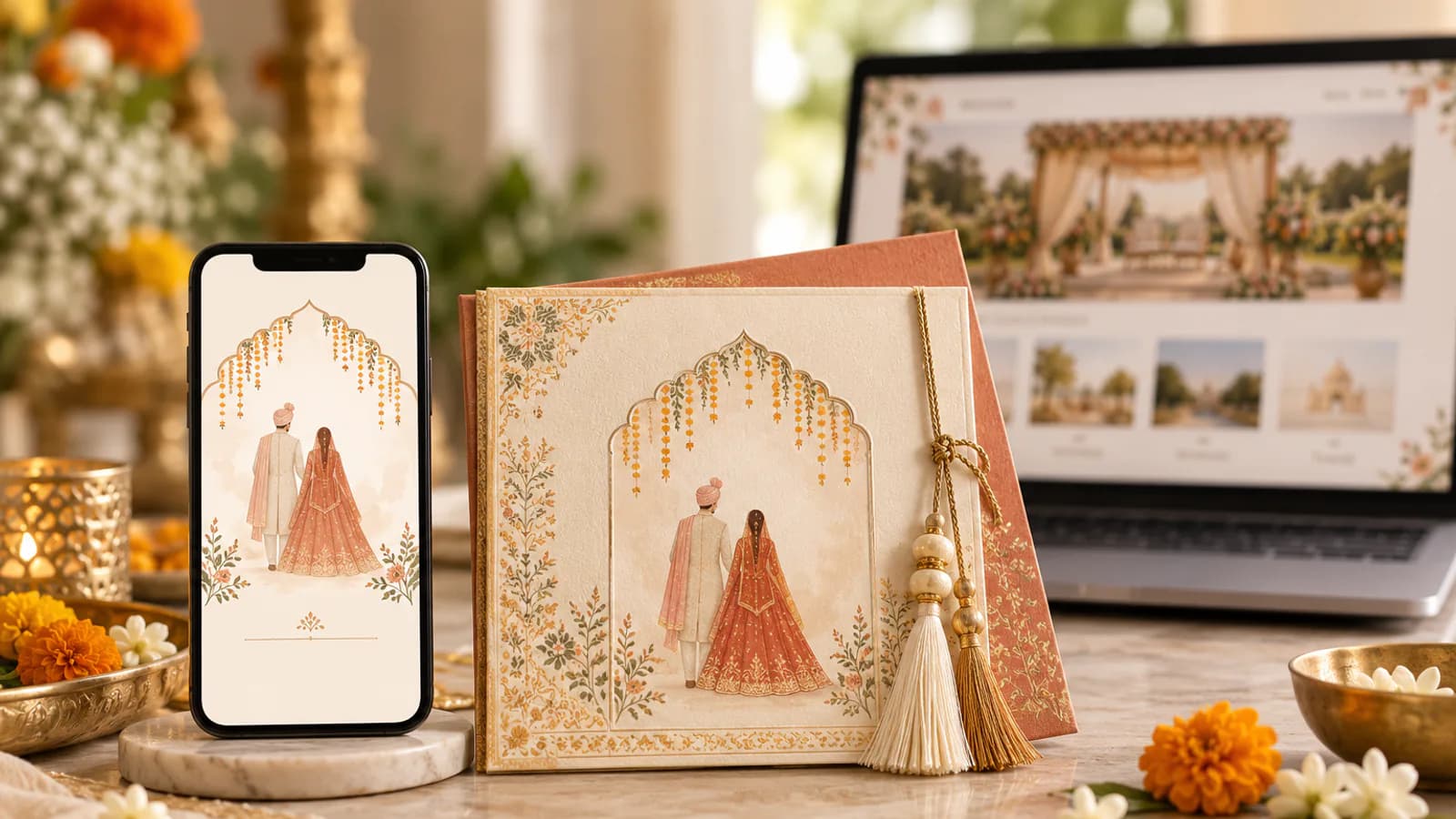 Smartphone wedding invitation beside a printed Indian wedding card and laptop