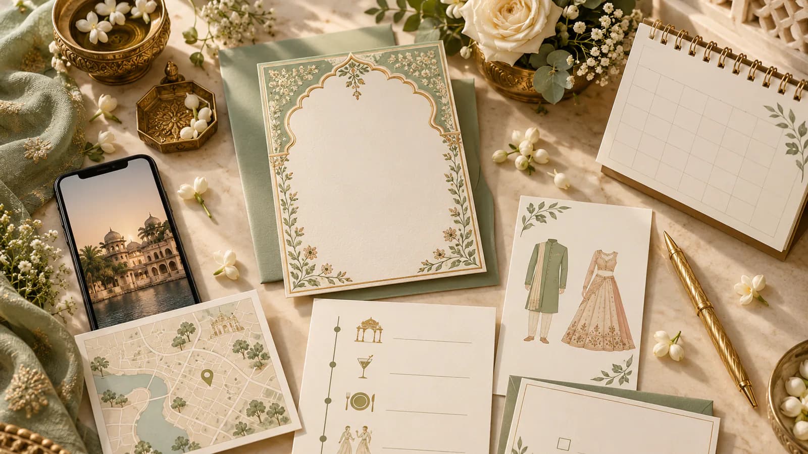 Wedding planning desk with invitation, event schedule, map, phone and calendar