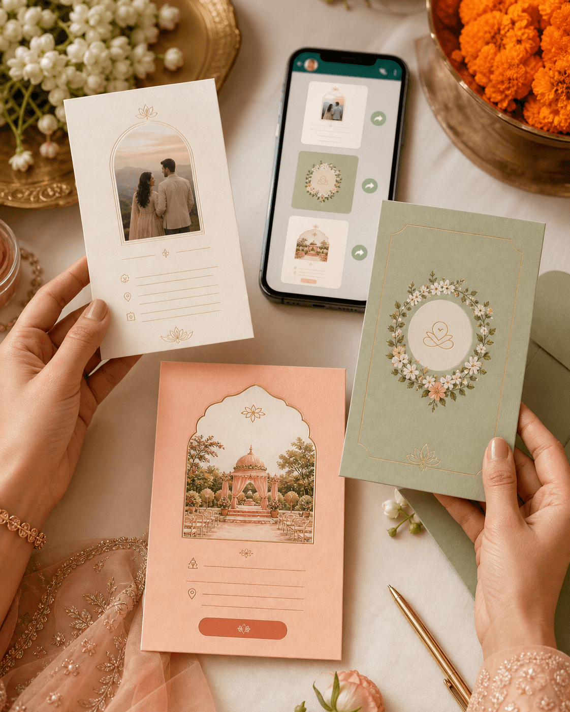 Editorial WhatsApp planning board showing biodata PDF, wedding hashtag note, and wedding website share flow