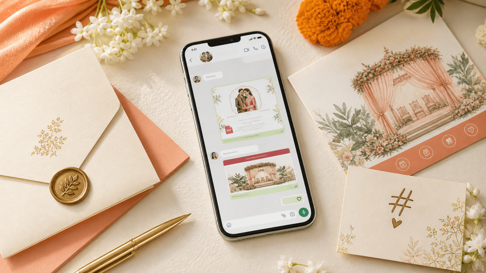 Editorial WhatsApp planning layout showing biodata PDF, wedding hashtag, and wedding website share flow for an Indian wedding