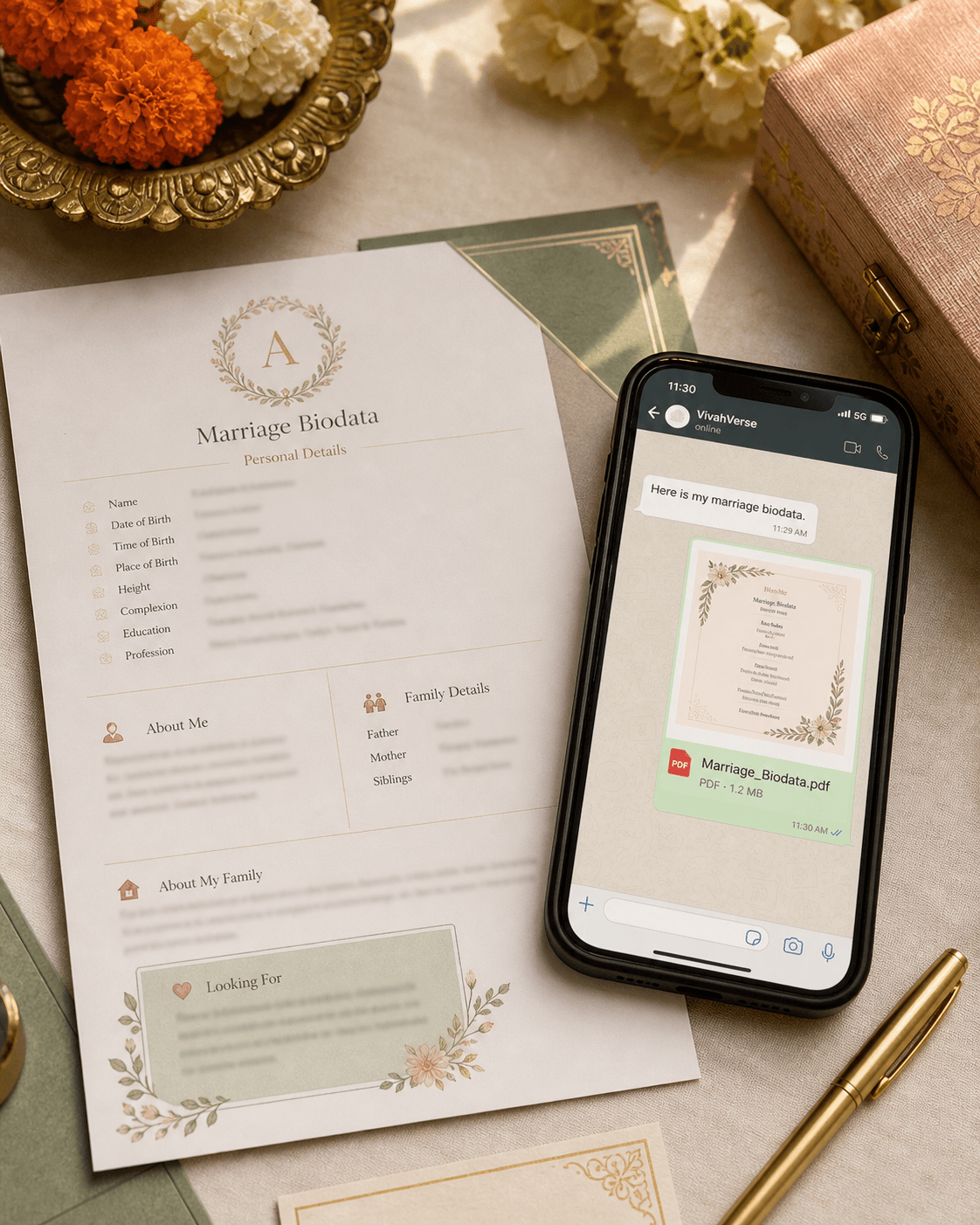 Editorial WhatsApp PDF preview showing a mobile-friendly marriage biodata layout