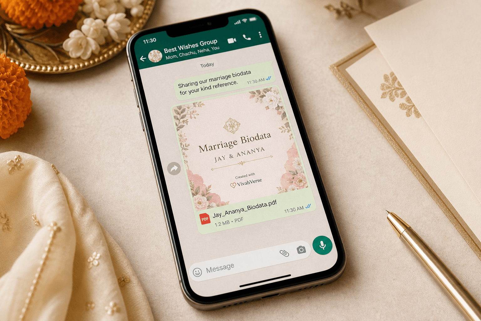 Editorial WhatsApp PDF preview showing a clean marriage biodata layout on mobile