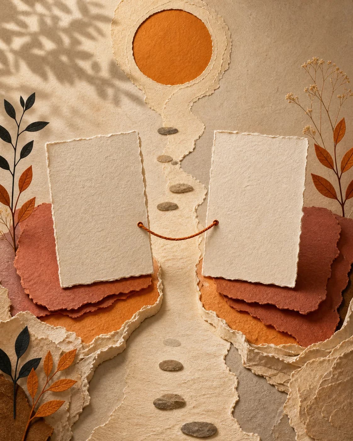 Two handmade paper cards connected across a shared path