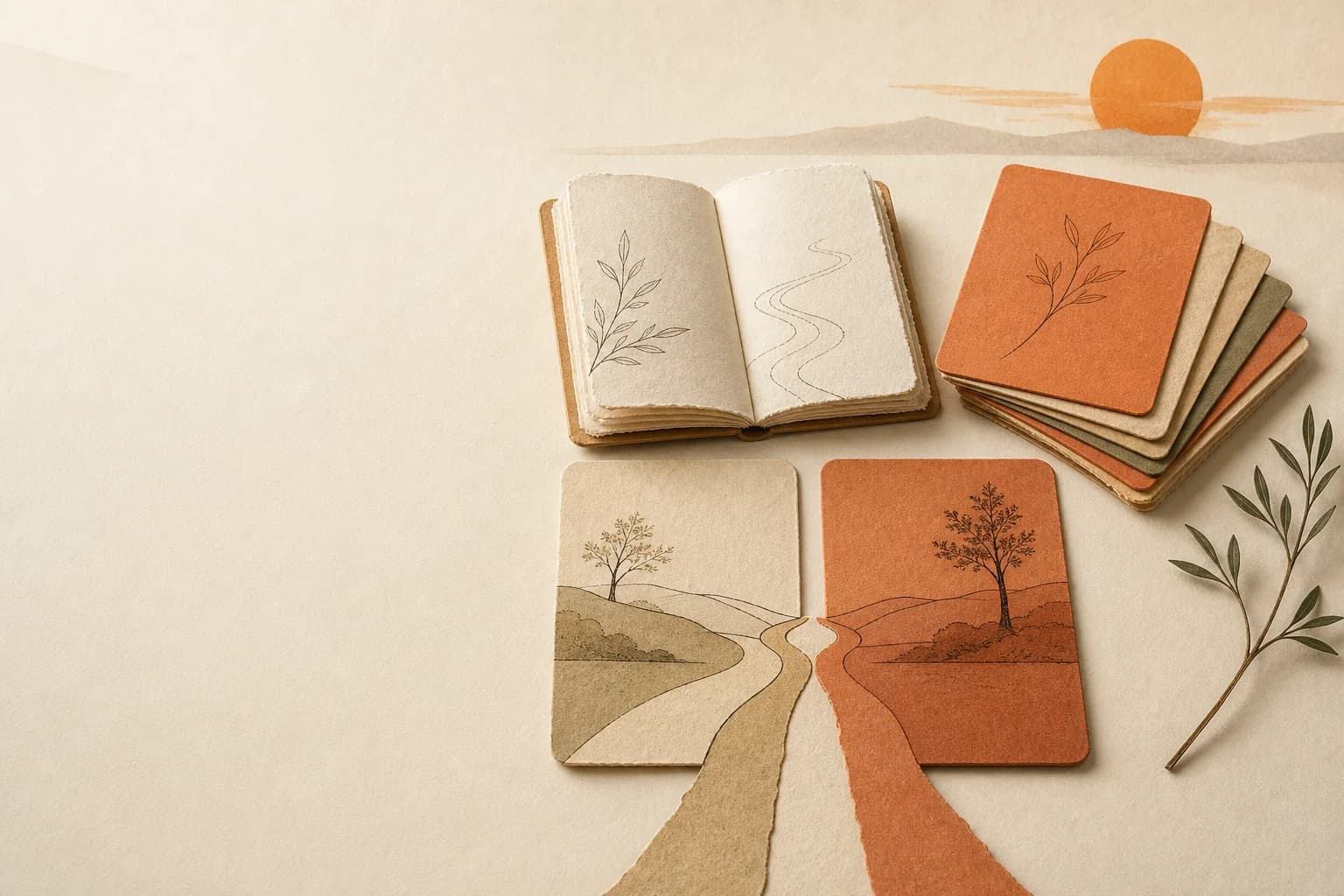 Handmade paper journal, reflection cards and three paths representing the Marriage Readiness Hub