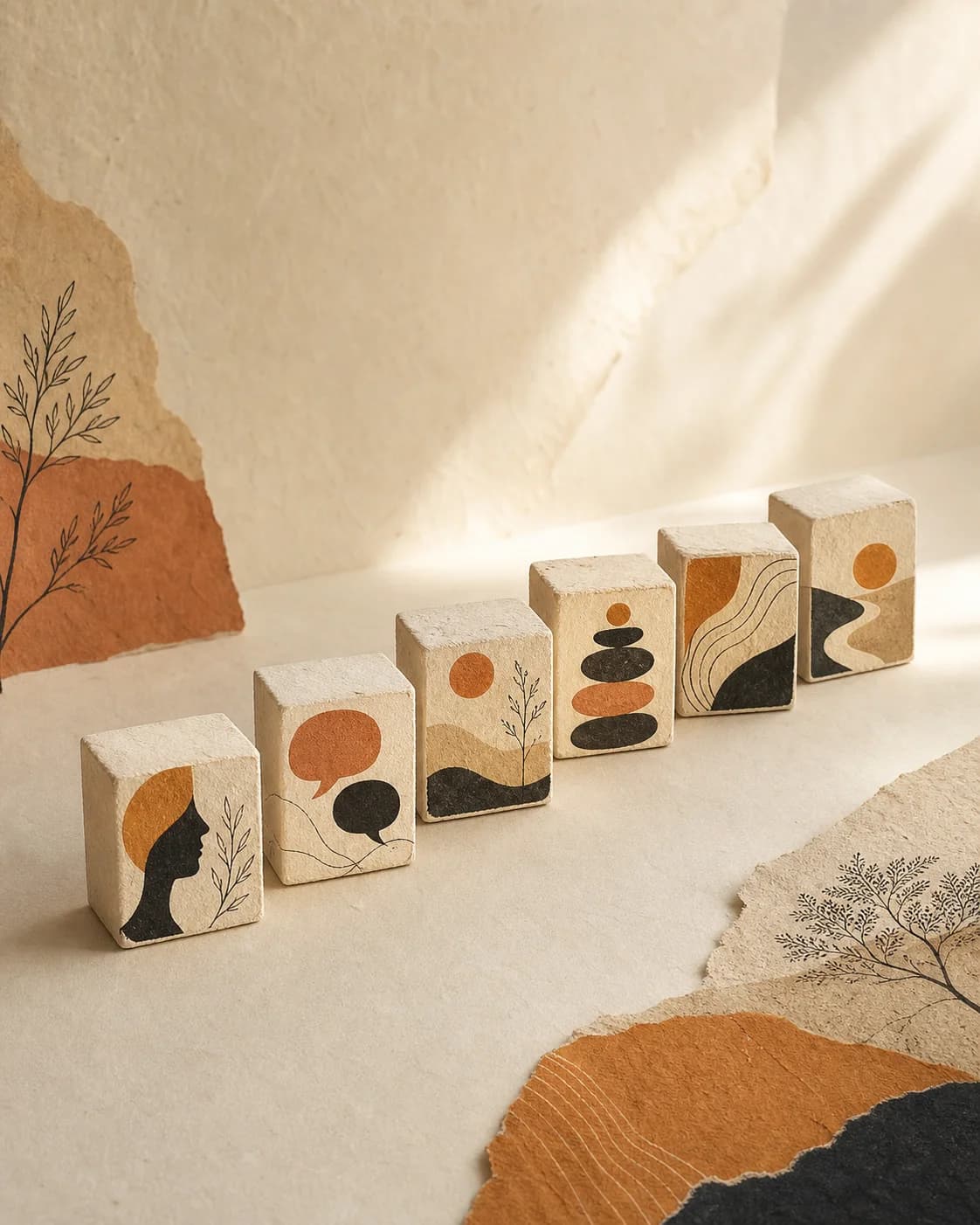Six handcrafted paper blocks arranged as foundations on a warm paper surface