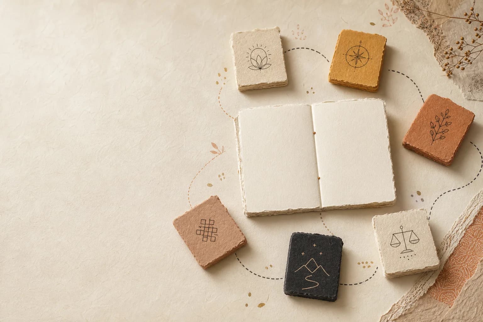 An open reflection journal surrounded by six handcrafted paper markers