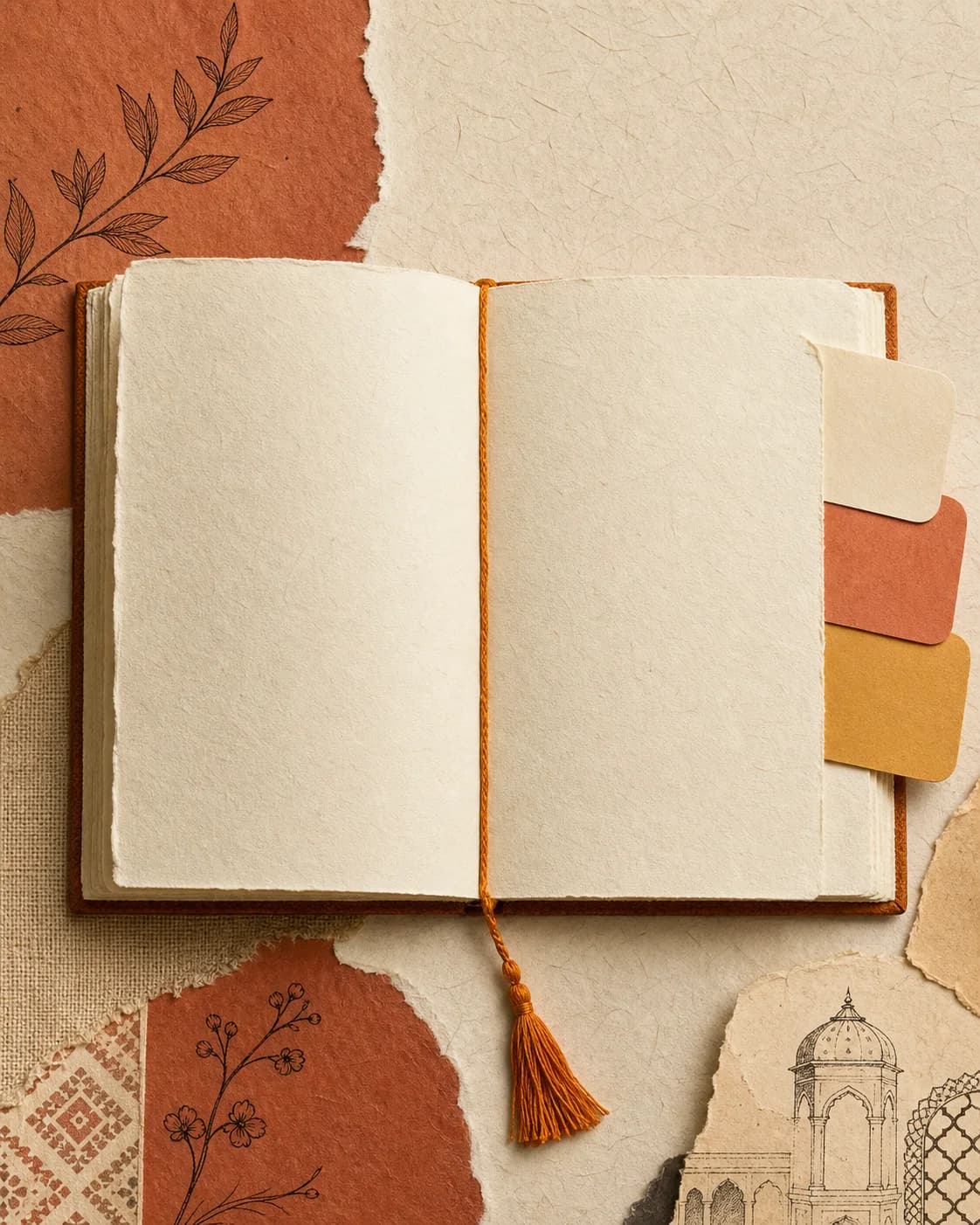 An open handmade journal with coloured paper tabs and a saffron thread bookmark