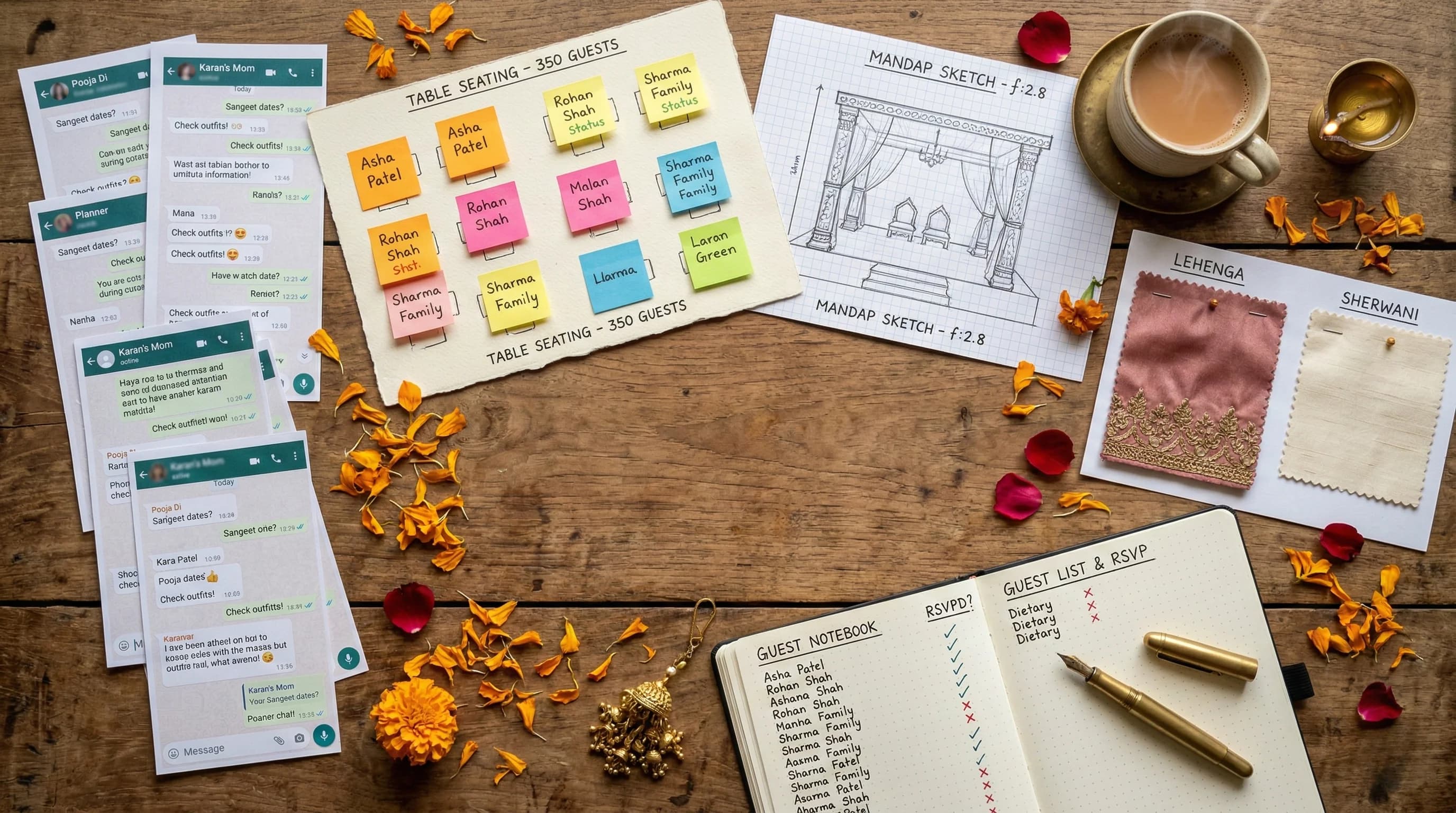 Wedding planning war-room table with organized chaos