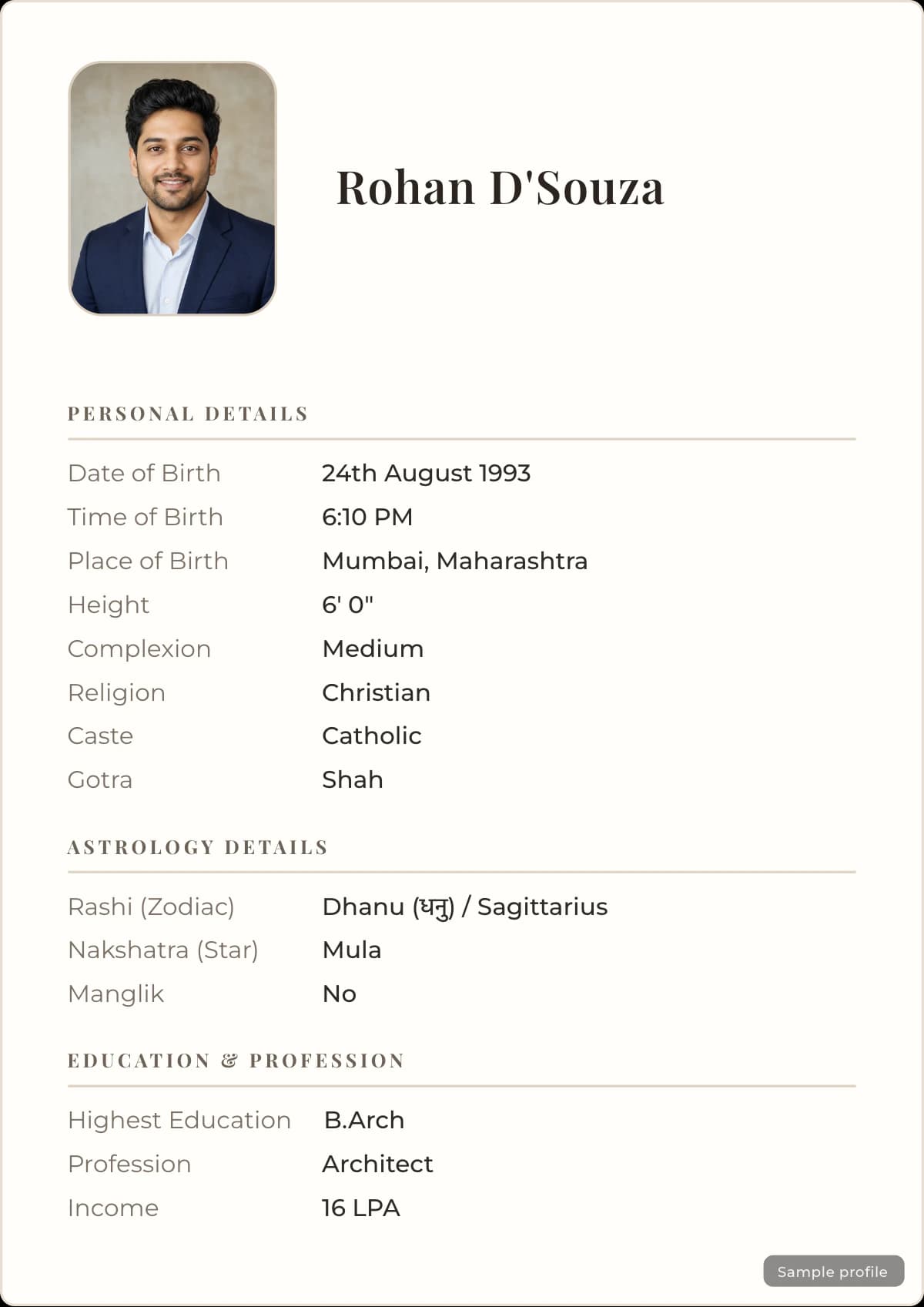 Classic Elegance marriage biodata template with a sample profile