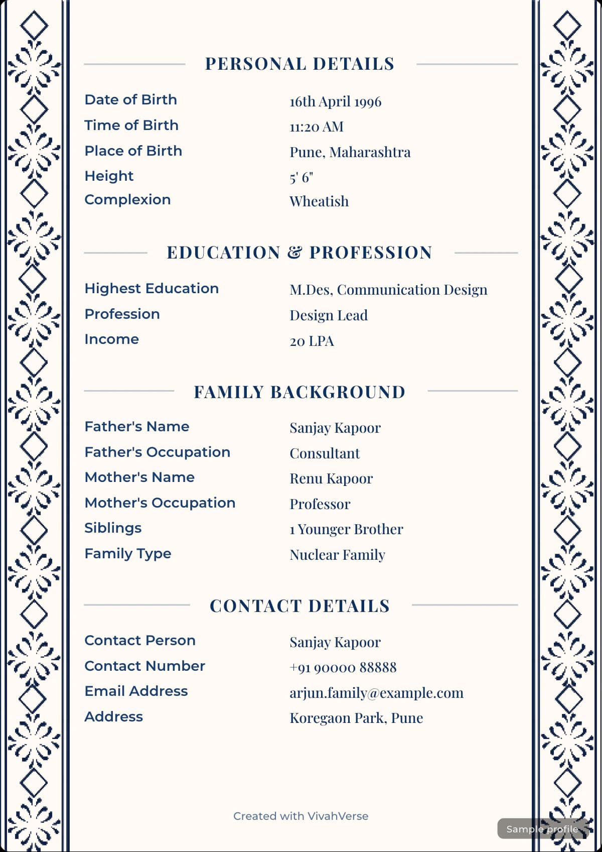 Indigo Mosaic marriage biodata template with a sample profile first details page