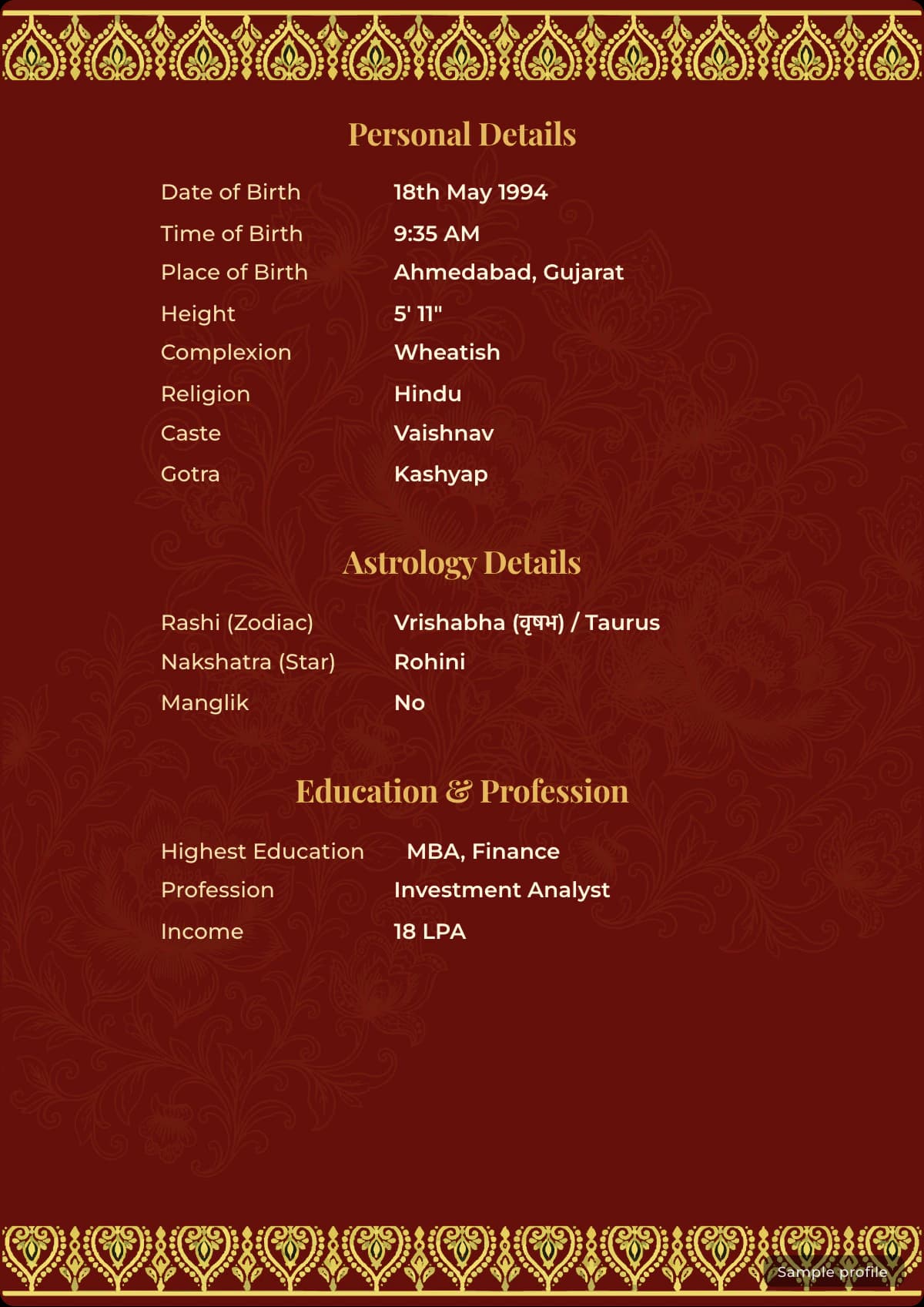 Mandala Heritage Hindu marriage biodata template with a sample profile first details page