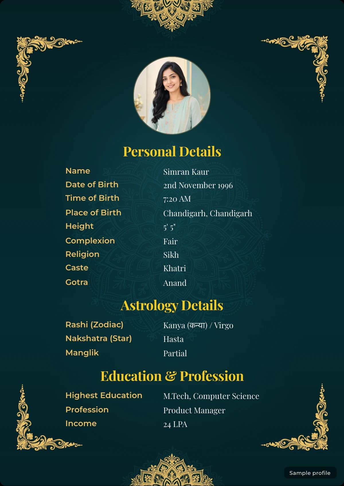 Royal Teal marriage biodata template with a sample profile