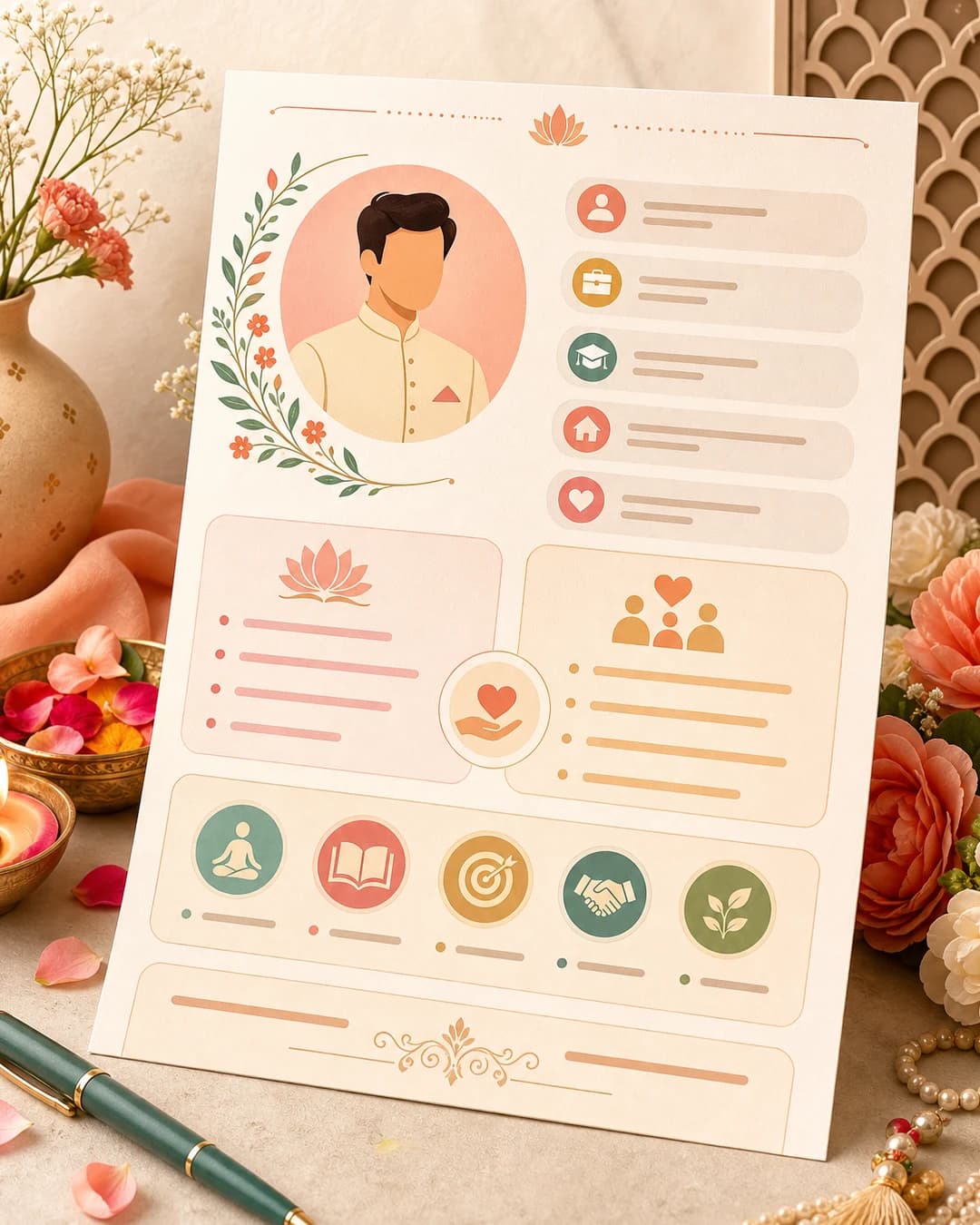 Editorial biodata profile sheet with value icons and a balanced introduction layout
