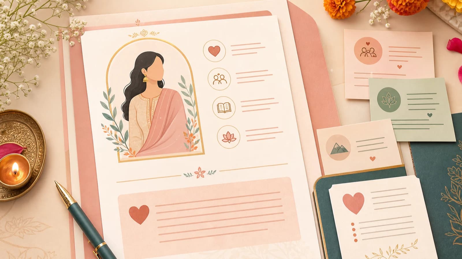 Warm editorial illustration of a marriage biodata about me section with profile notes and highlighted values